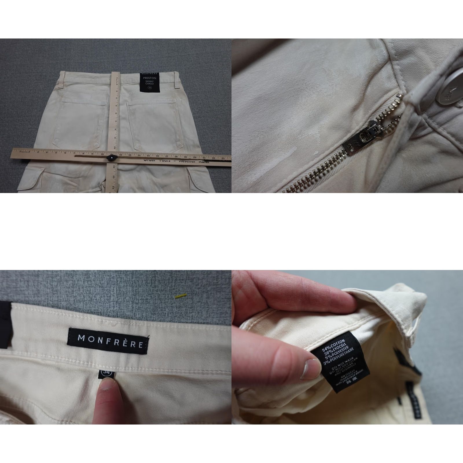 MONFRERE MONFRÈRE Preston Skinny Cargo Pants Mens 34x34 White Denim Slim Stretch Pockets Size US 34 / EU 50 - 8 Thumbnail