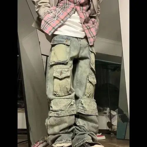 Handmade × Japanese Brand × Jean Retro yellow mud-dyed washed distressed multi-pocket jeans Size US 32 / EU 48 - 4 Thumbnail