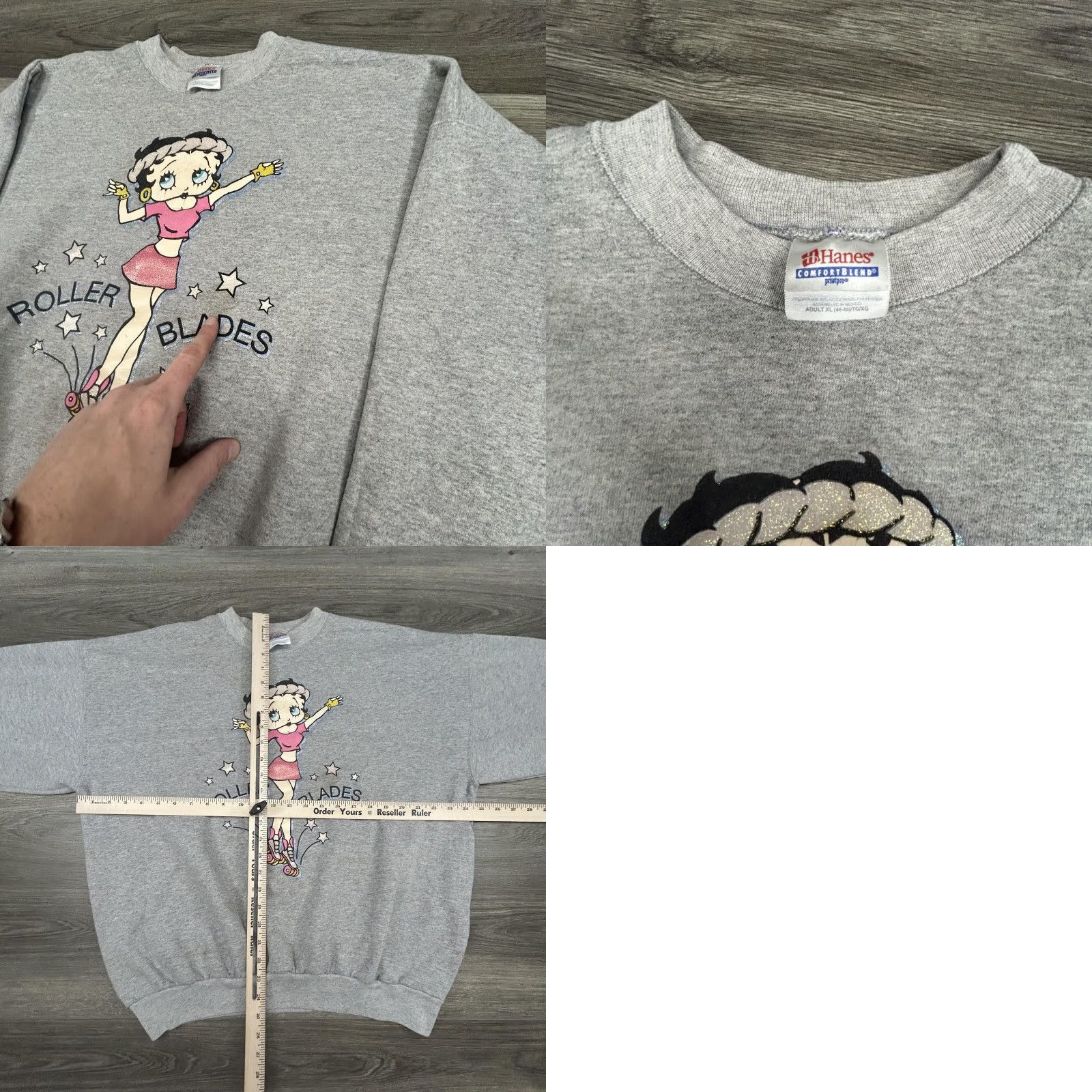 Hanes Vintage Betty Boop Roller Blades Sweatshirt Men XL Gray Glitter Graphic 90s Hanes Crew Neck Pullover Fleece Cotton Blend Size US XL / EU 56 / 4 - 8 Thumbnail