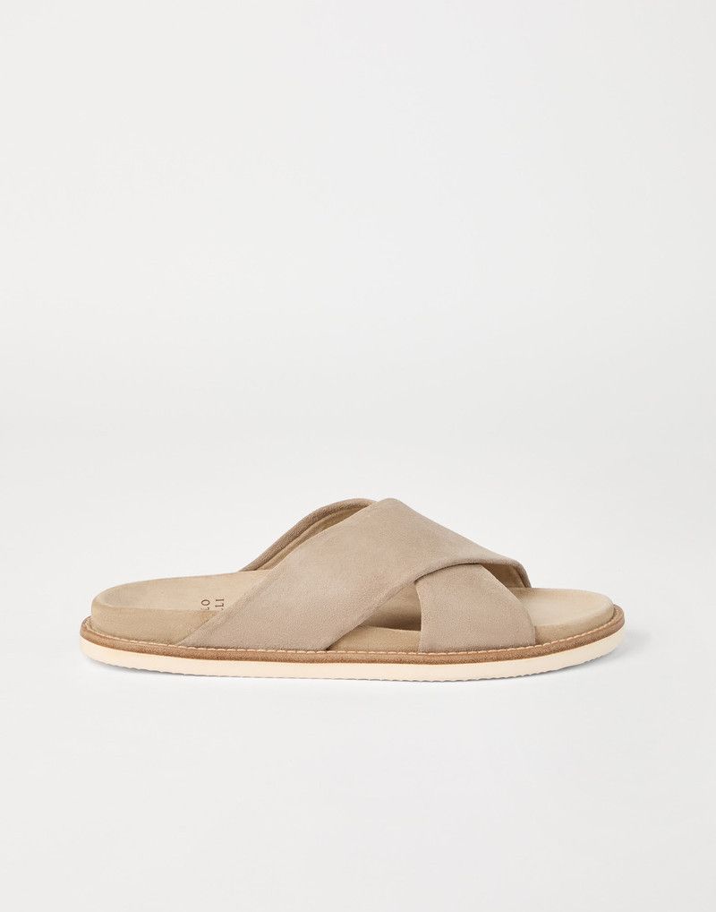 Brunello Cucinelli o1la1rc1a0326 Washed Suede Cross-Over Slides Slippers Beige Size US 12 / EU 45 - 1 Thumbnail