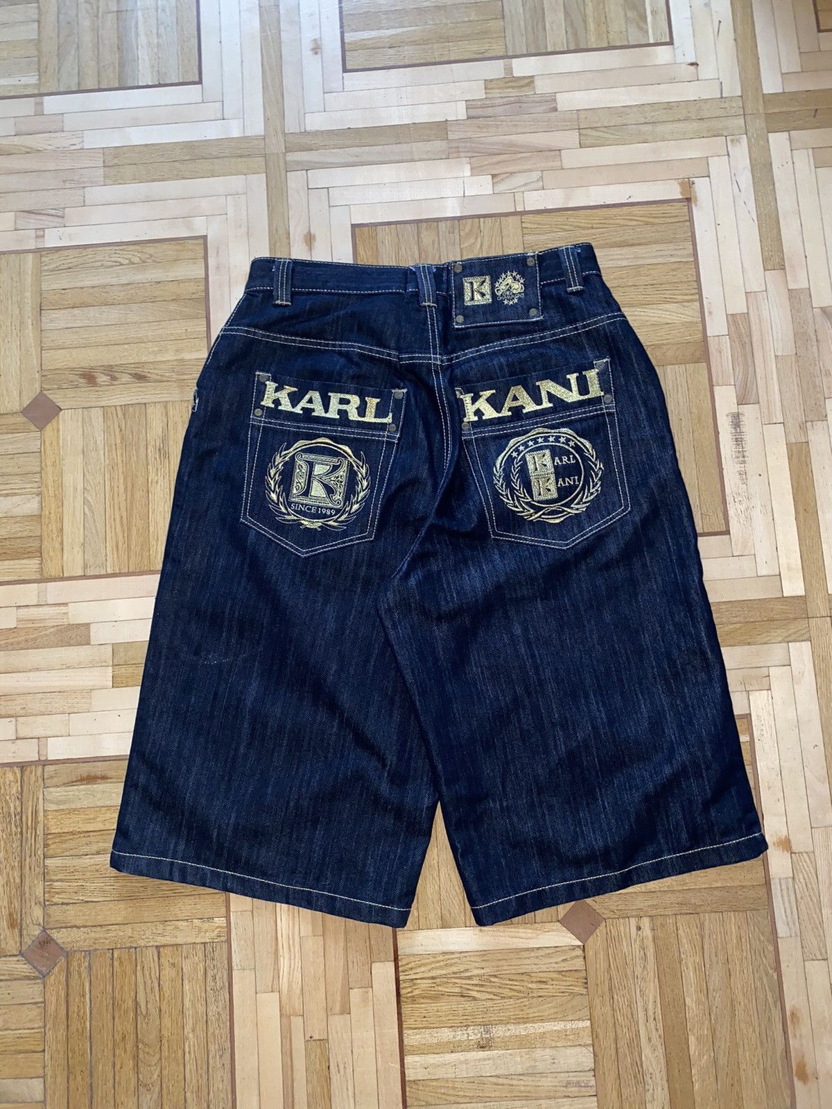 image of Jnco x Karl Kani Jorts Denim Wide Dye Effect Rap Jorts in Black, Men's (Size 36)