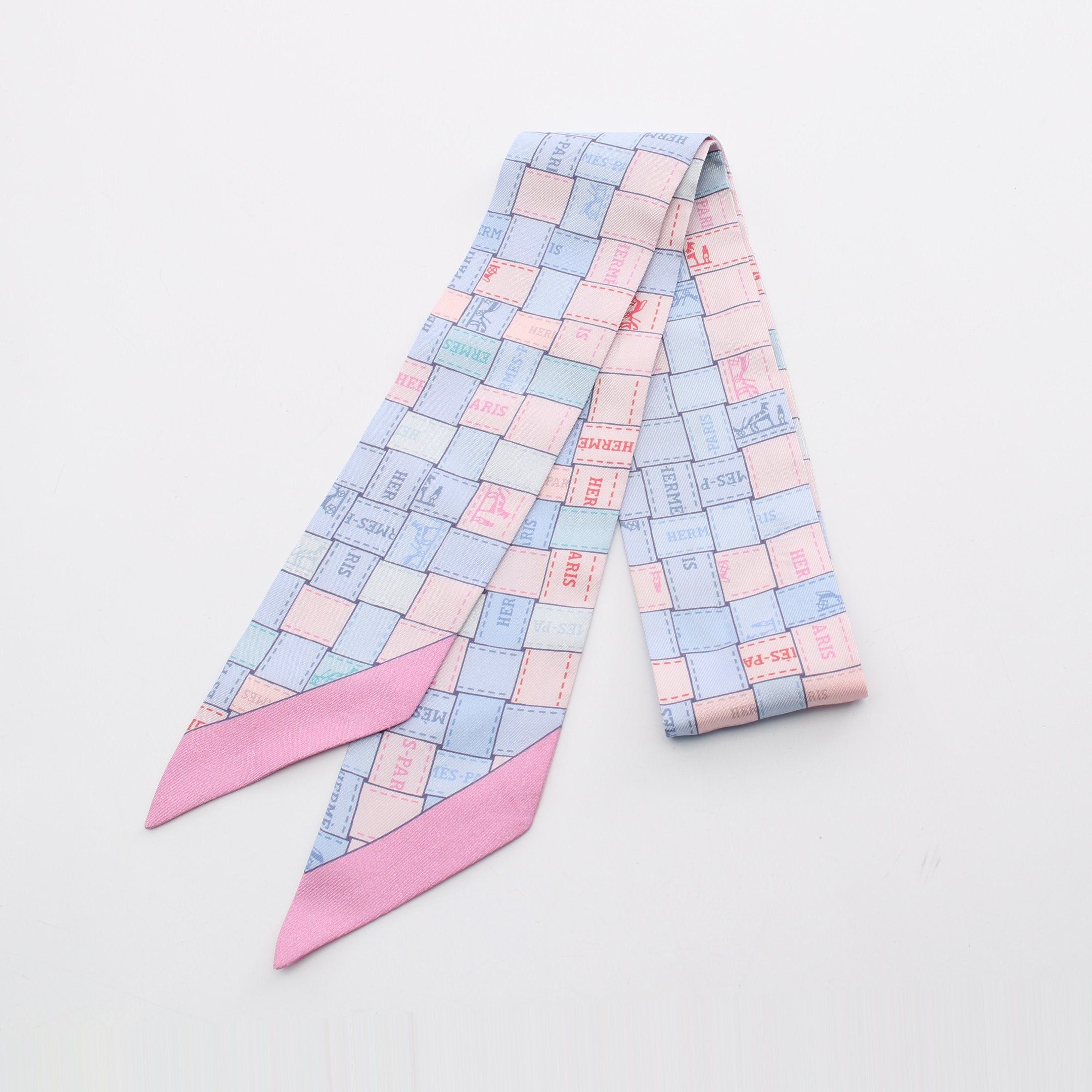 Hermes Hermes Twilly Bolduc Check Ribbon Scarf Silk Light Pink Blue Size ONE SIZE - 1 Thumbnail
