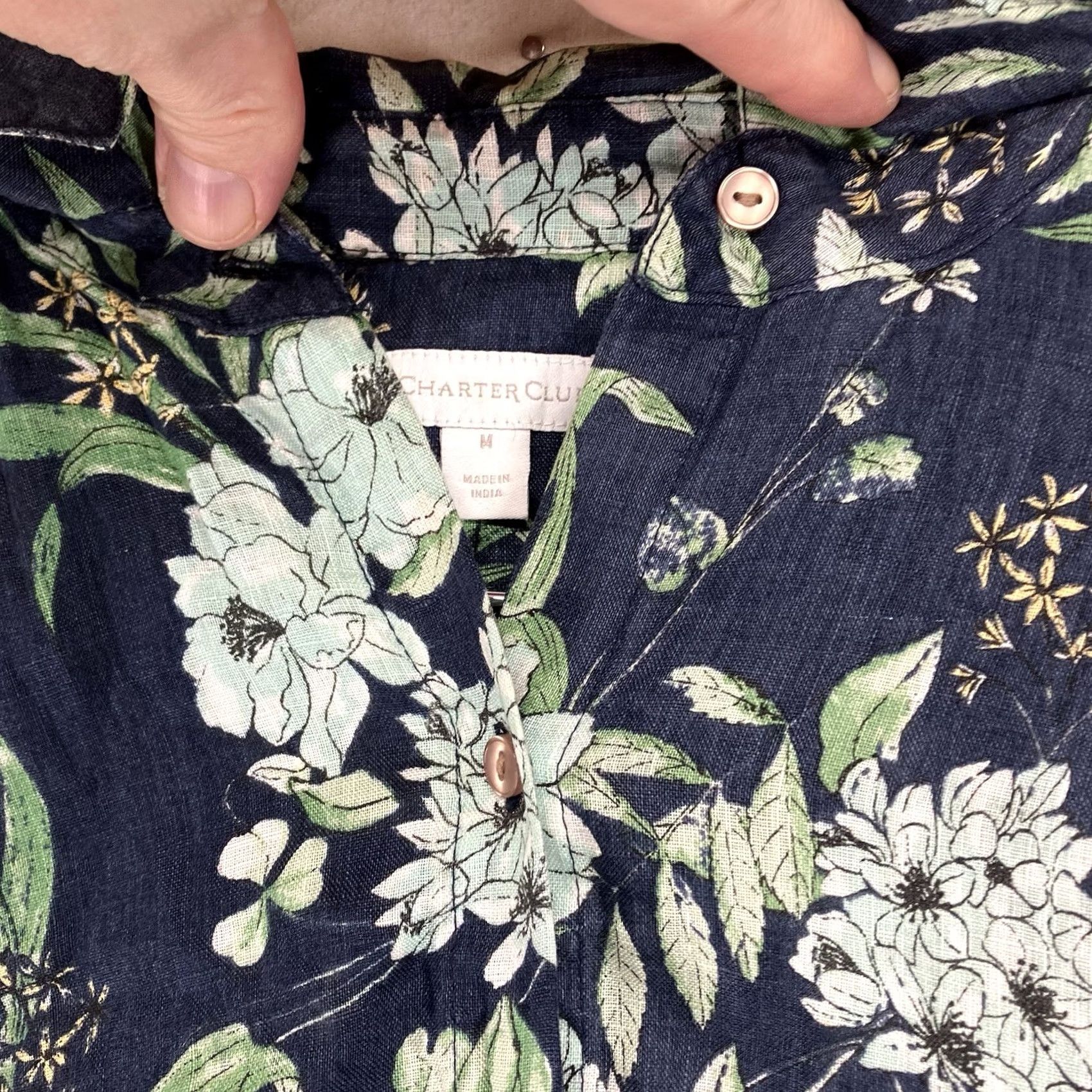 Charter Club Charter Club Women's Button Front Top Linen Roll Tab Sleeve Floral Blue M IP Size M / US 6-8 / IT 42-44 - 6 Thumbnail