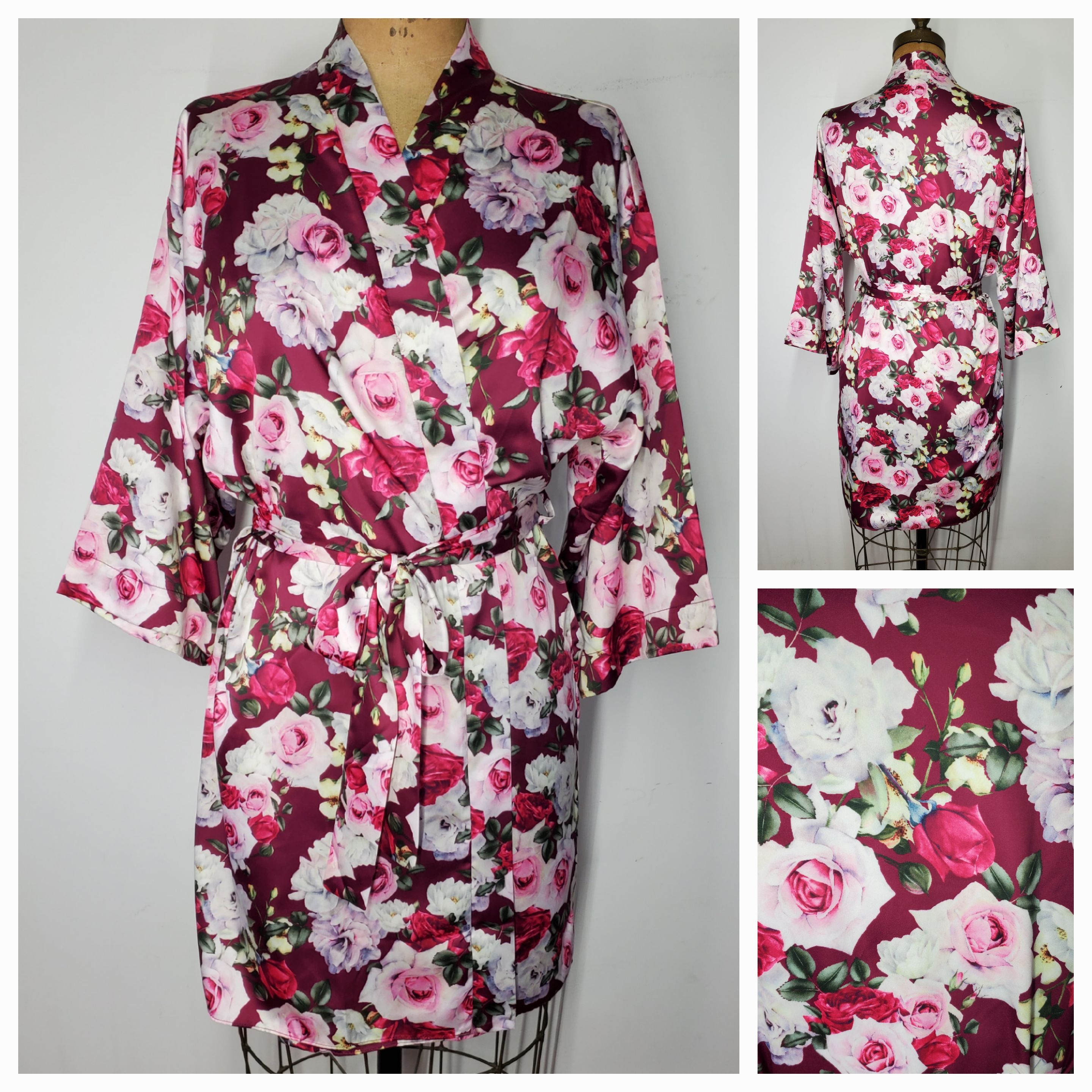 Other Flora Nikrooz Size M/L Robe Satin Rose Floral Pink Burgundy Size ONE SIZE - 9 Thumbnail