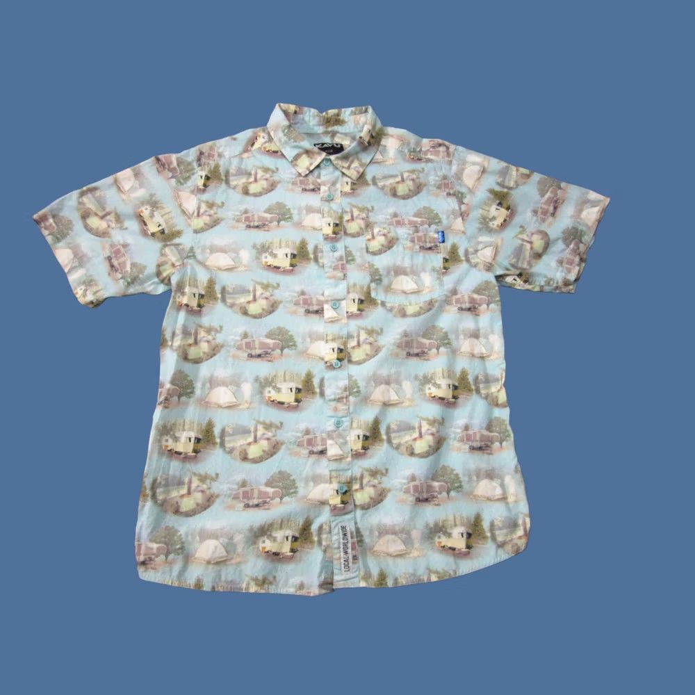 KAVU Kavu Shirt Mens Medium Blue Beige Outdoor Camping Trailers Tent Short Sleeve Size US M / EU 48-50 / 2 - 1 Thumbnail
