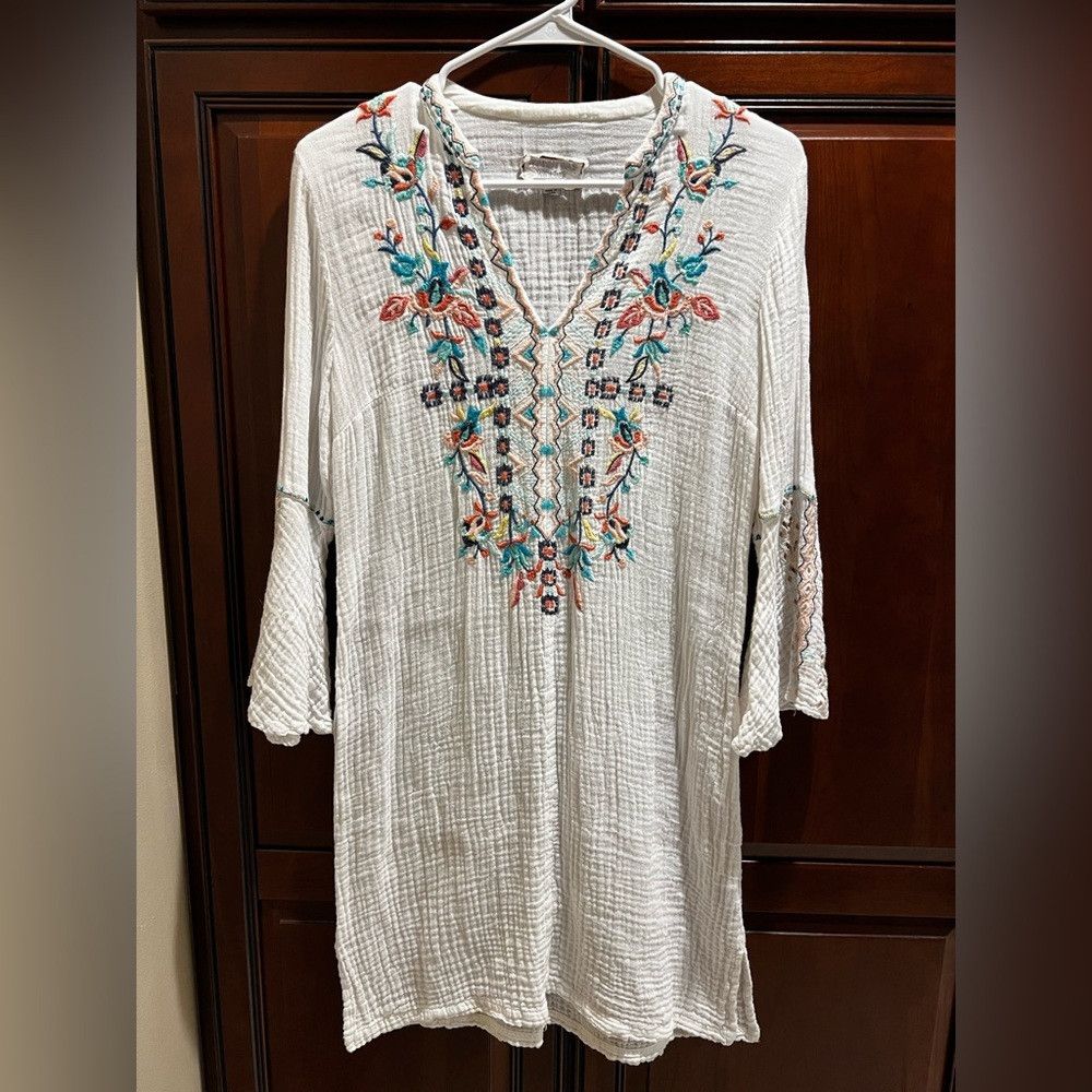 Johnny Was Johnny Was White Lined Multicolored Embroidery Dress - XS Size XS / US 0-2 / IT 36-38 - 1 Thumbnail