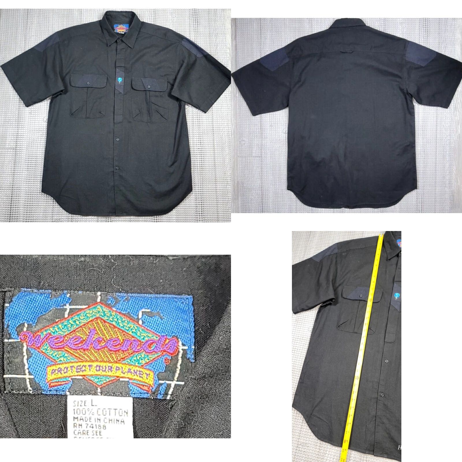 Vintage VINTAGE Weekends Shirt Men L Black Cotton Canvas Button-Up Embroidered Logo 90s Earth Day Military Casual Modern Fit Size US 33 - 8 Thumbnail