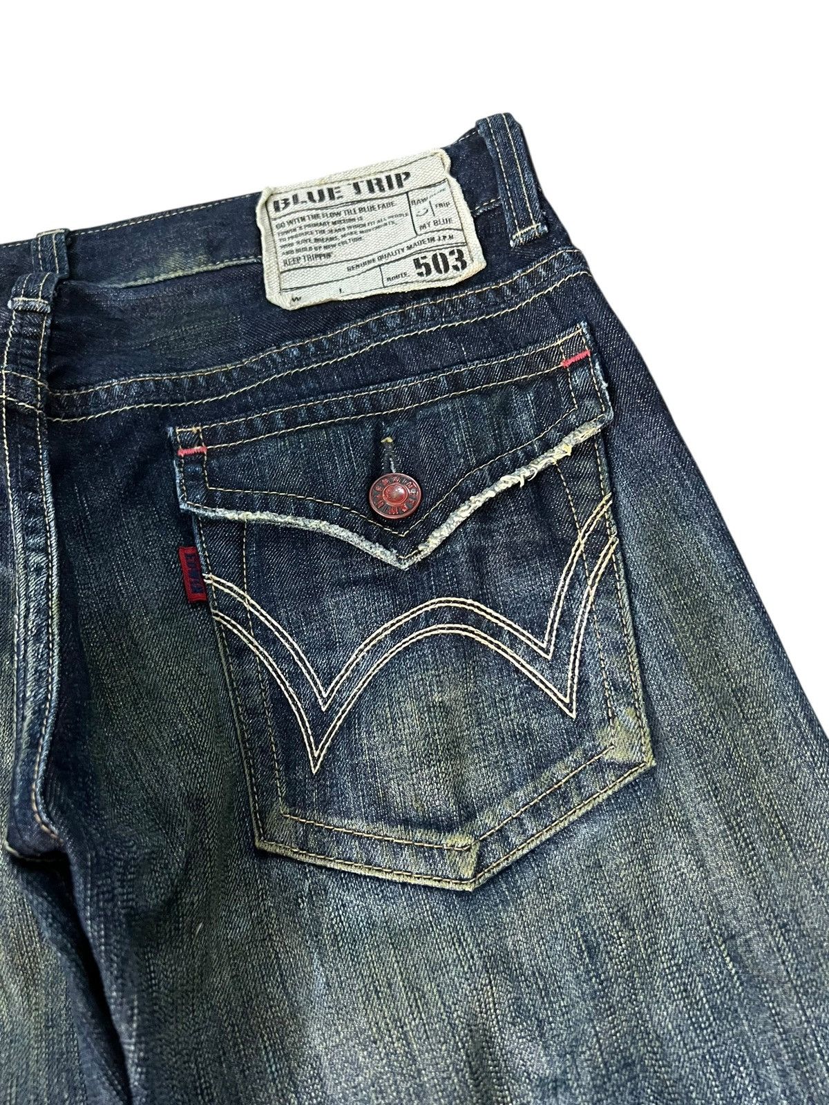 Edwin Vintage Edwin 503 Blue Trip Flare Distress Jean Japan Size US 33 - 16 Thumbnail