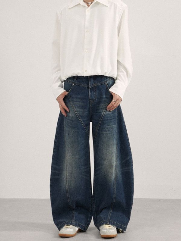 Japanese Brand American street curved wash straight leg patchwork jeans Size US 32 / EU 48 - 1 Thumbnail