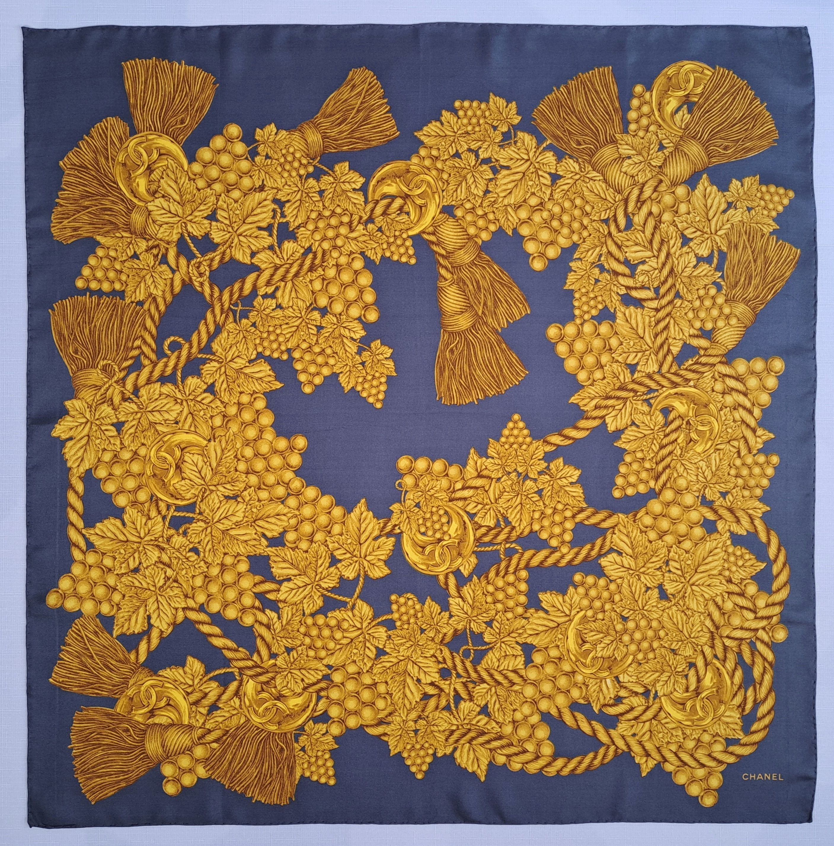 Chanel Vintage CHANEL gray/gold silk scarf grapes and tassel motif. Size ONE SIZE - 1 Thumbnail