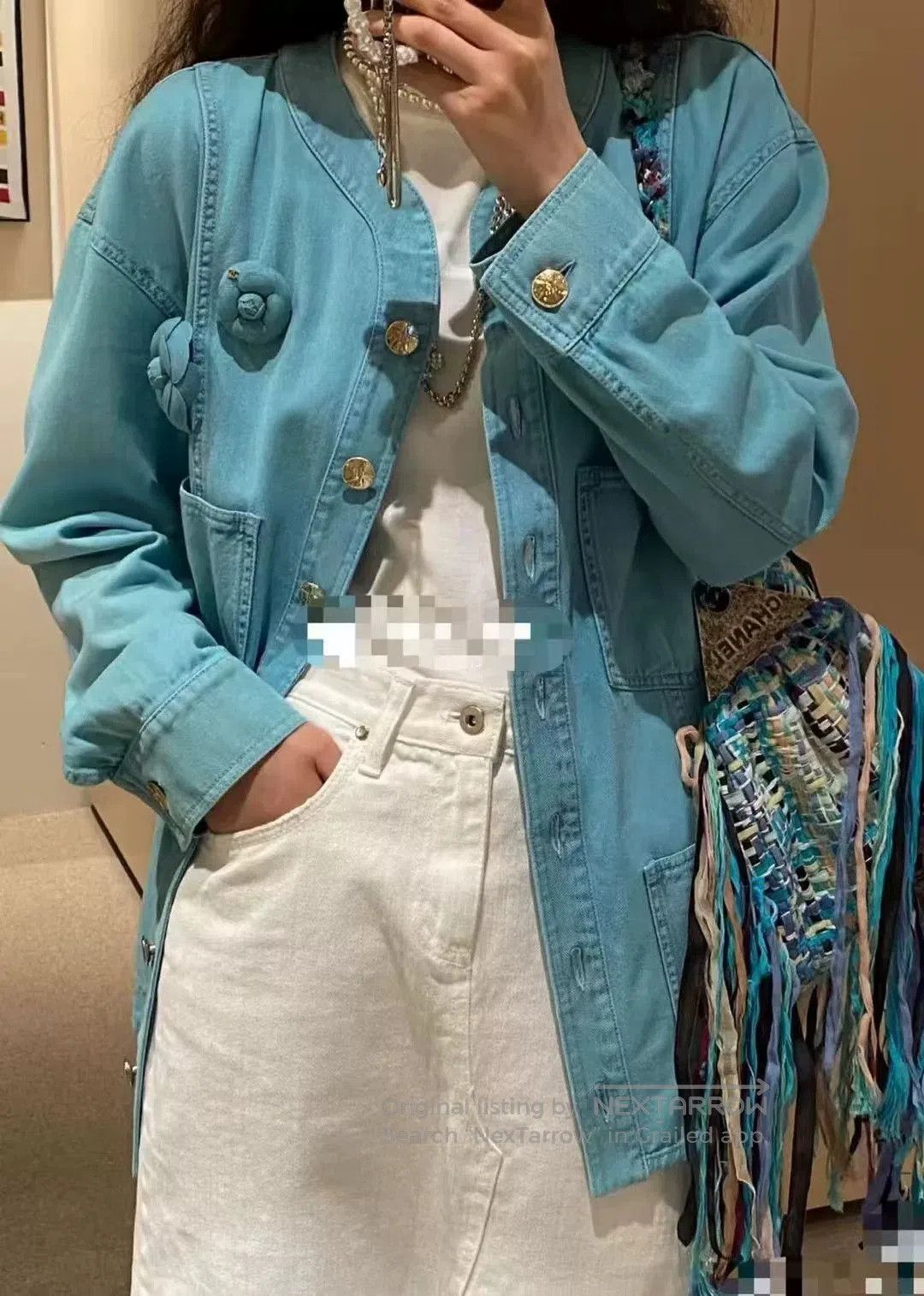 Chanel Chanel Camellia Denim Jacket with Brooch. Size S / US 4 / IT 40 - 9 Thumbnail