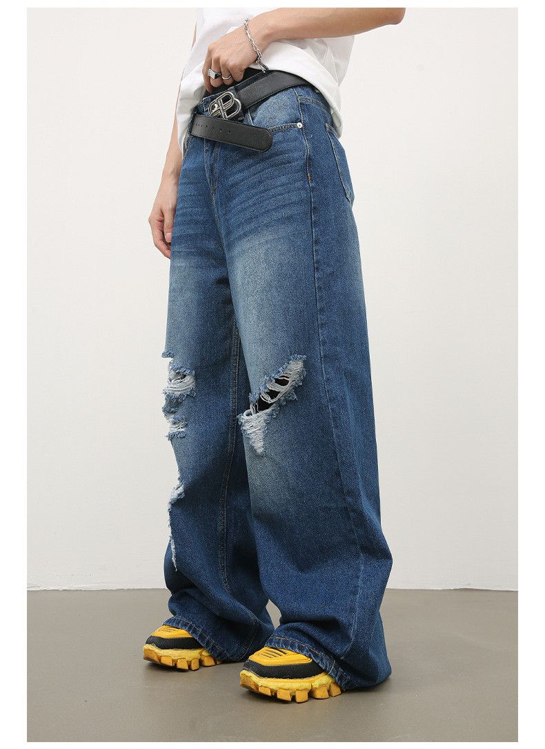 Japanese Brand × Jean Men's retro washed loose straight ripped jeans Size US 32 / EU 48 - 5 Thumbnail