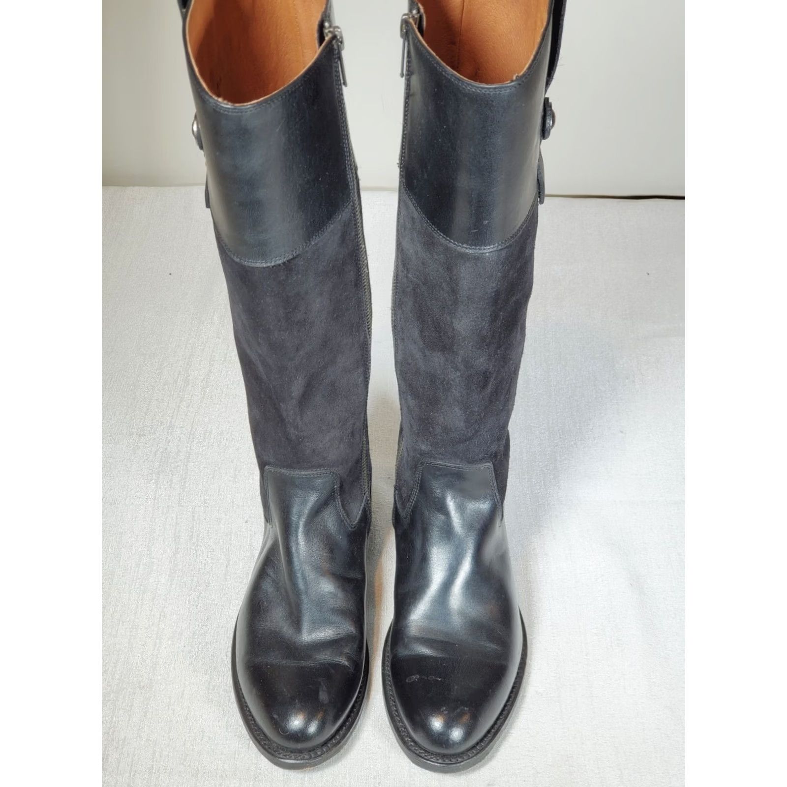 Frye FRYE Jayden Button Black Leather and Suede Tall Riding Boots Women's US 6 B Shaft 15 3/4" Calf Runs Narrow Leather Lined Block Heel 1 1/4" Size US 6 / IT 36 - 6 Thumbnail