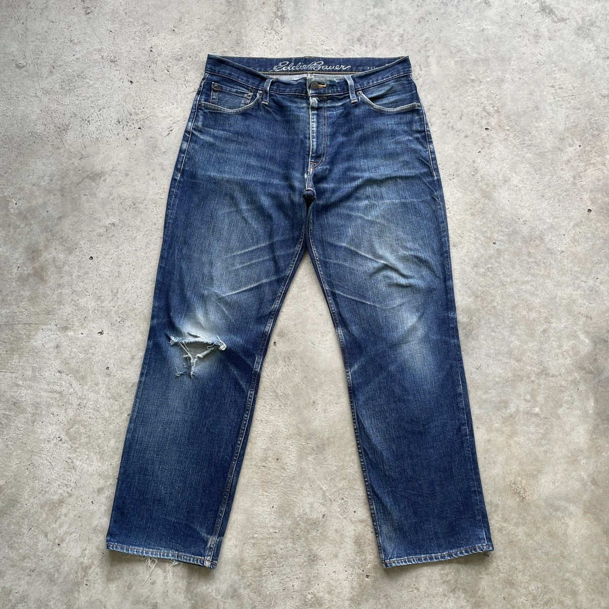 image of Distressed Denim x Eddie Bauer W34 Eddie Bauer Distressed Faded Jeans Pants Denim in Faded Blue