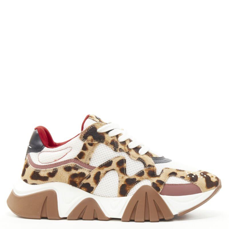 Versace new VERSACE Squalo brown leopard calfskin white mesh chunky sneakers EU41 US8 Size US 8 / EU 41 - 1 Thumbnail