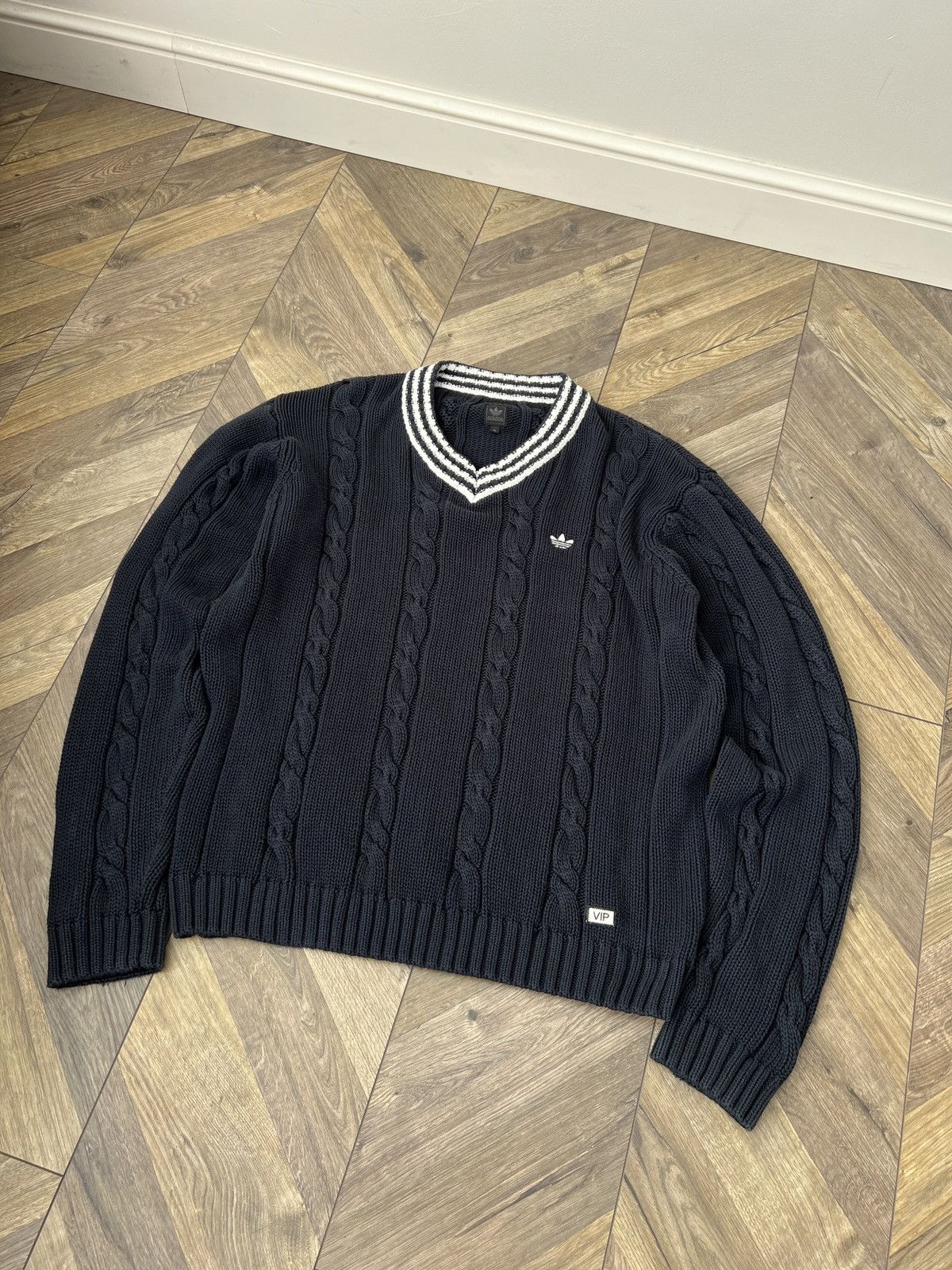 Adidas Vintage Adidas Cable Knit Sweater Navy V-Neck Logo Retro Size US XL / EU 56 / 4 - 3 Thumbnail