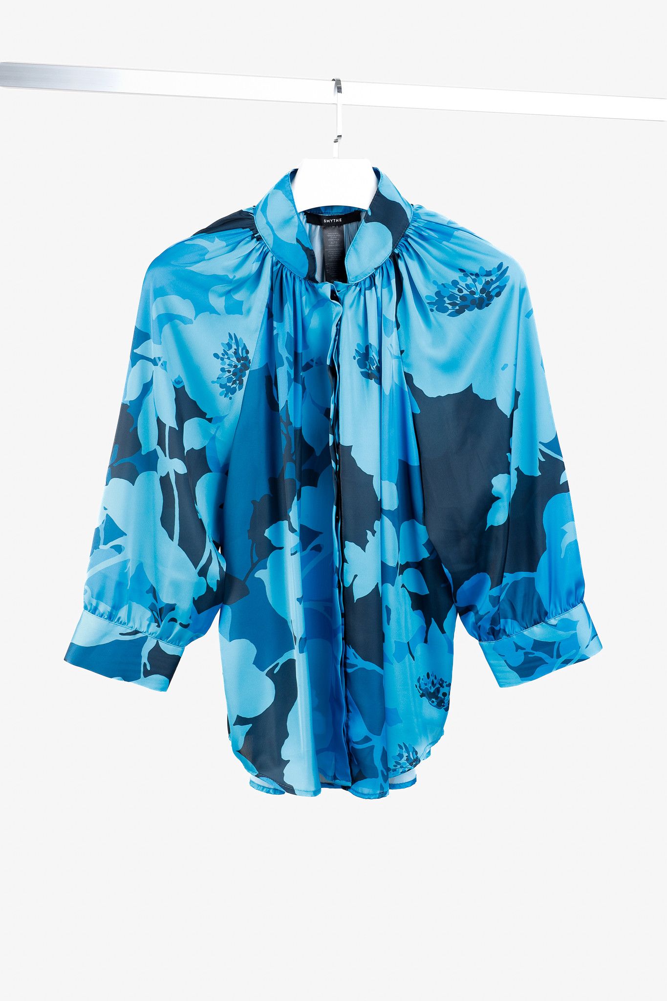 SMYTHE Smythe Cobalt Floral Gathered Satin Blouse Size XL / US 12-14 / IT 48-50 - 1 Thumbnail