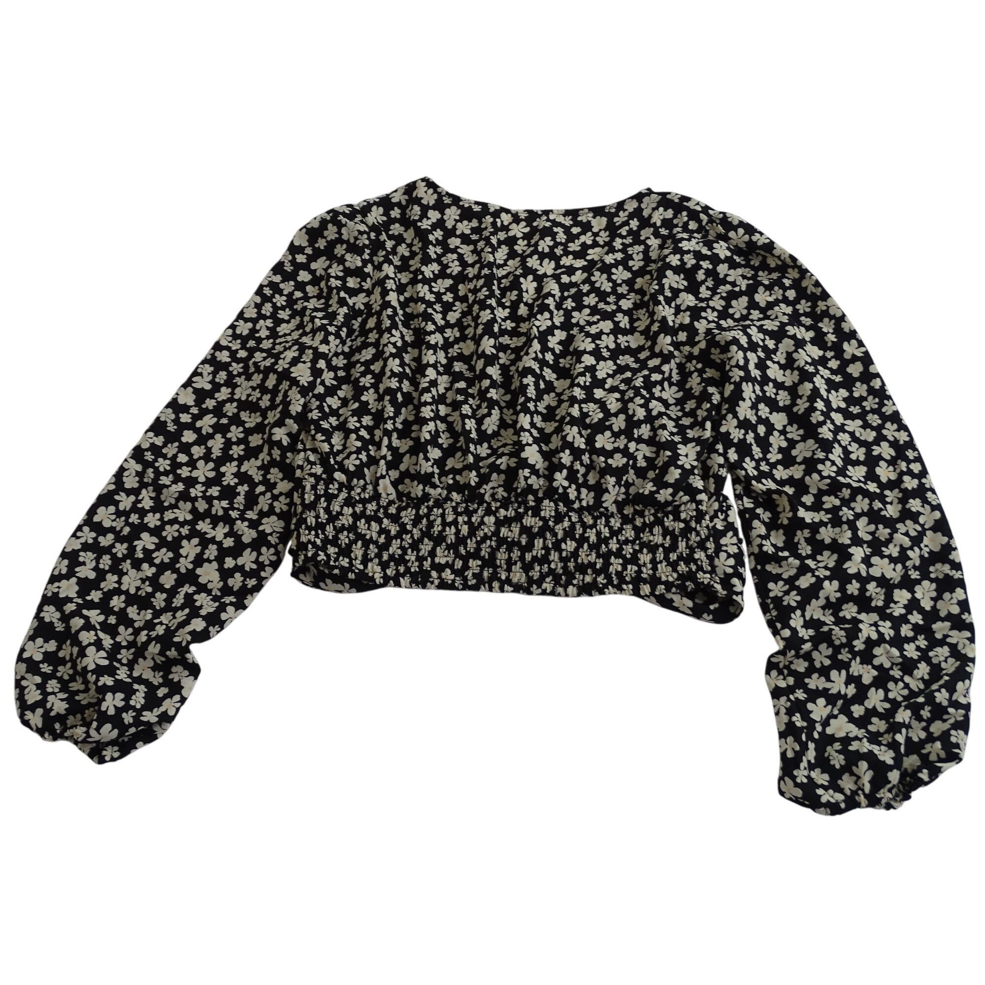 H&M H&M Black Floral Crop Top Long Sleeve V-Neck Drawstring Hem Size M / US 6-8 / IT 42-44 - 4 Thumbnail