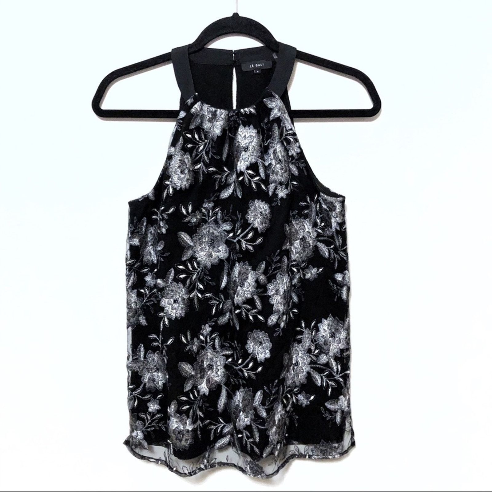 Bloomingdale's Le Gali black silver embroidered lace top small Size S / US 4 / IT 40 - 2 Thumbnail