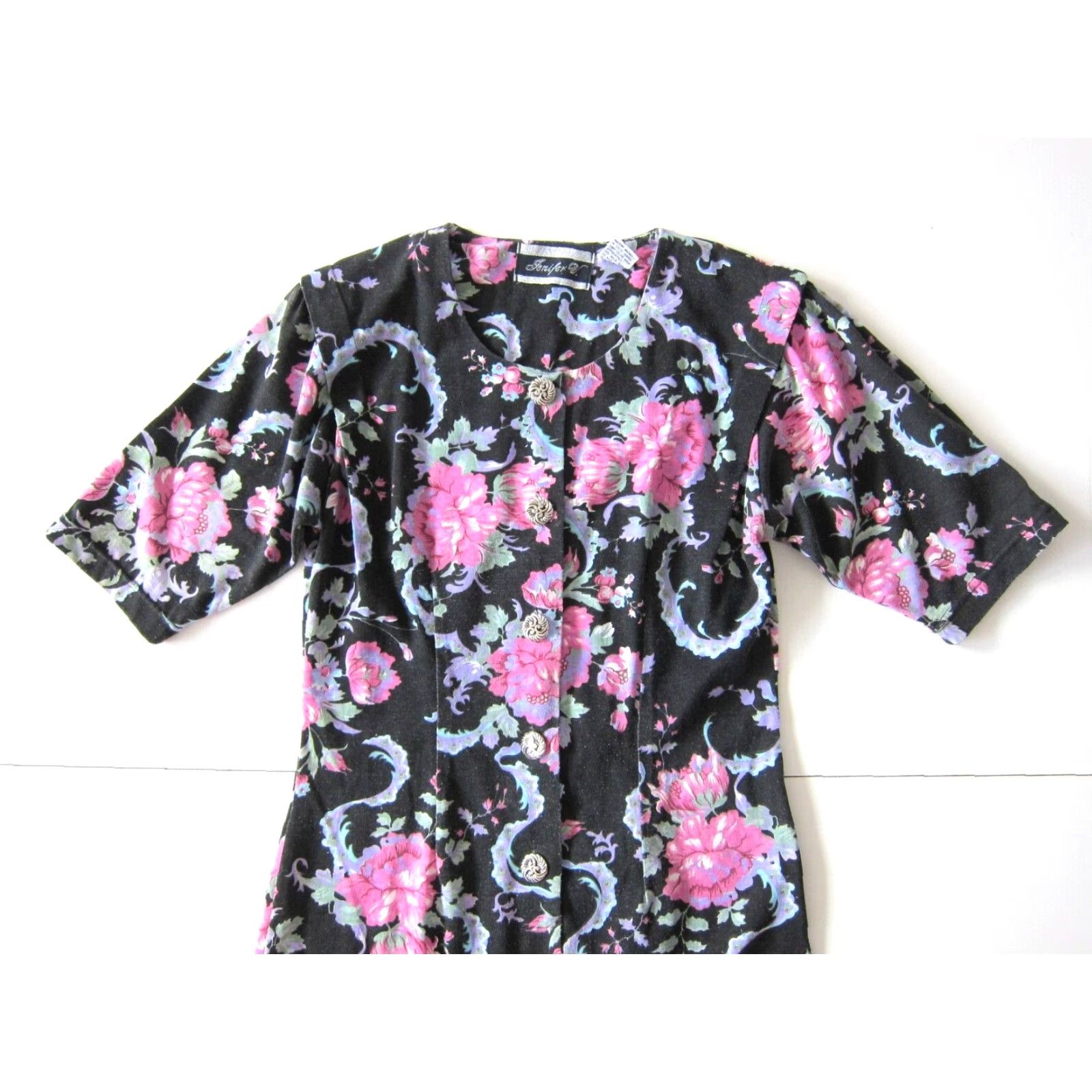 Pinko VINTAGE Jenifer V. Black Pink Green Floral Button Down Shift A-Line Dress Medium Size M / US 6-8 / IT 42-44 - 7 Thumbnail