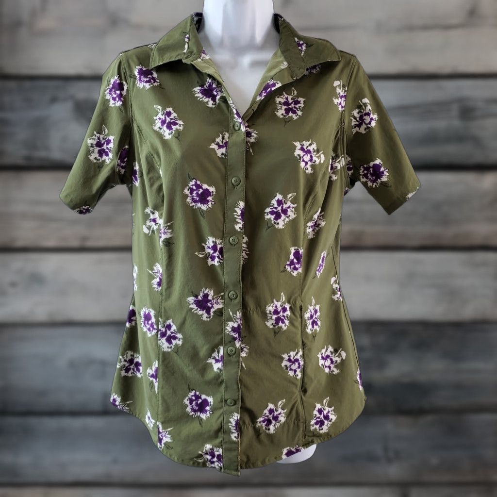 Vintage Duluth Womens Button Front Shirt XS Green Purple Floral Short Sleeve Vented Casual Button-Up Womens XS Green Floral Shirt Size XS / US 0-2 / IT 36-38 - 1 Thumbnail