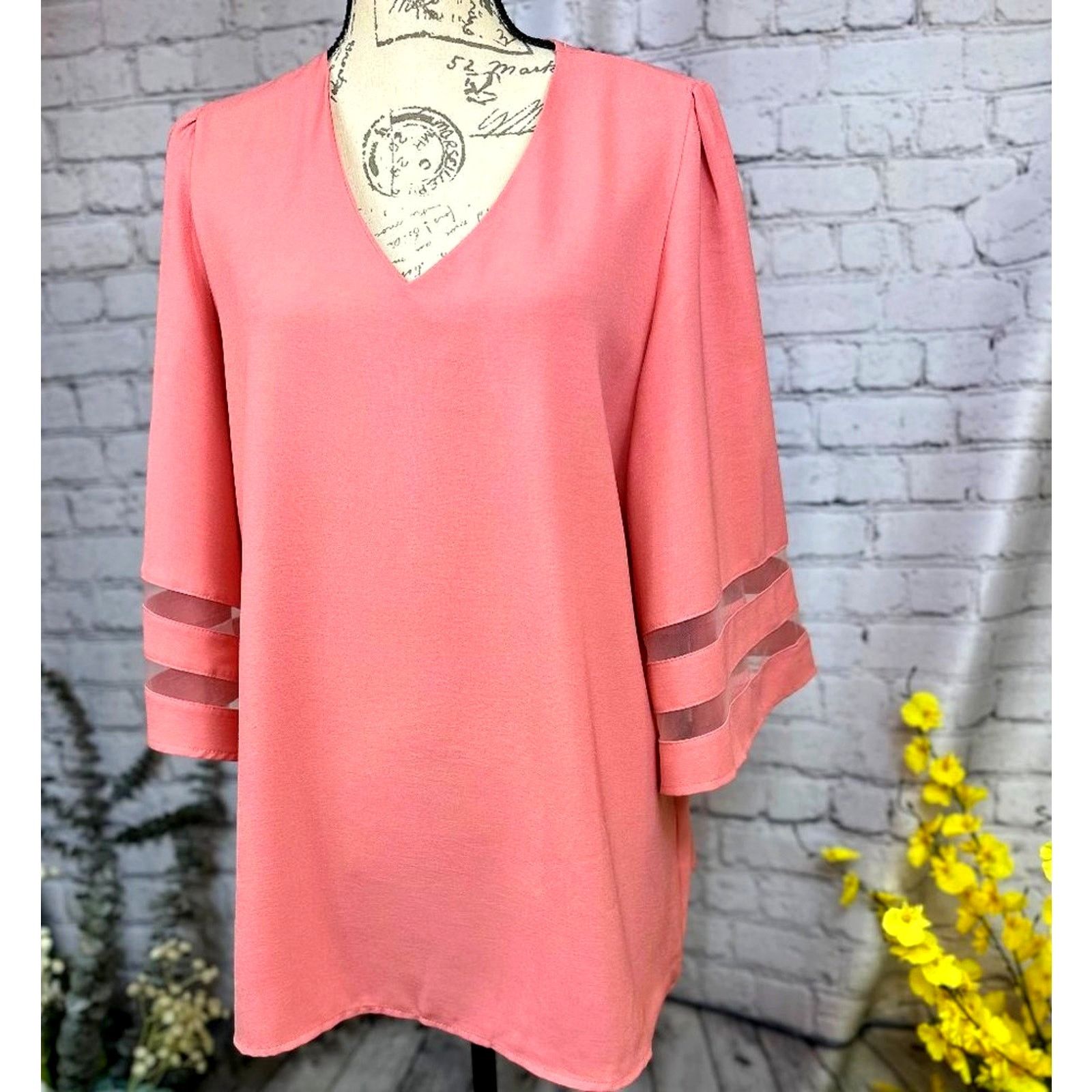 Other Casual V Neck 3/4 Bell Sleeve Mesh Panel Blouse Coral XL Size XL / US 12-14 / IT 48-50 - 2 Thumbnail