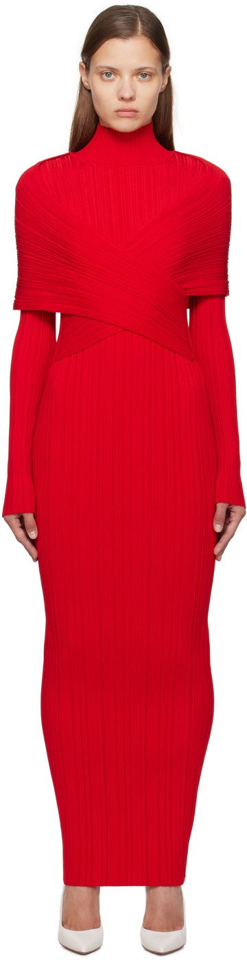 Balmain o1s1wg111025 Hi-neck Pleated Knit Long Dress in Red Size XS / US 0-2 / IT 36-38 - 2 Thumbnail