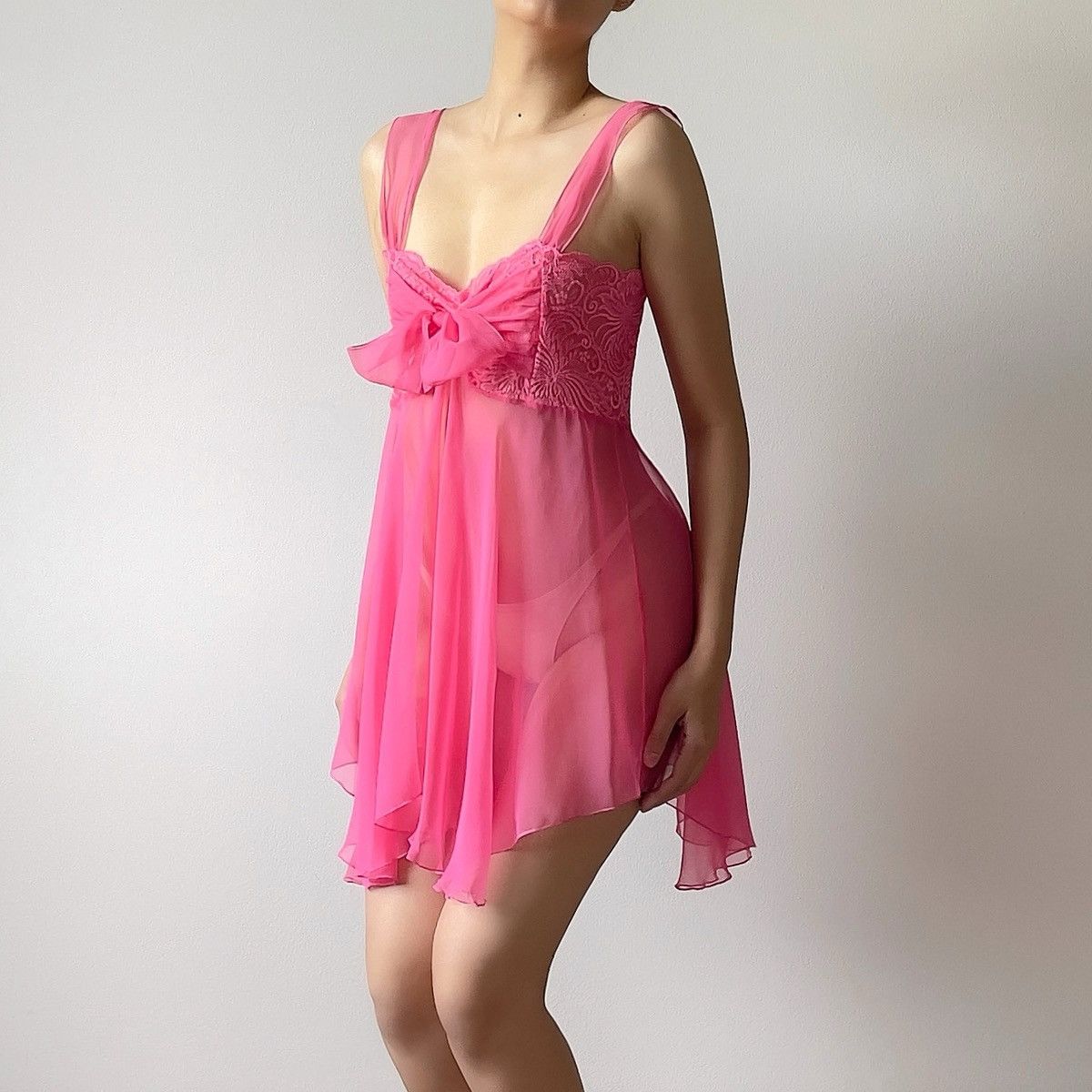 Vintage 1990s Hot Pink Chiffon Sheer Mini Slip Dress (S–L)
