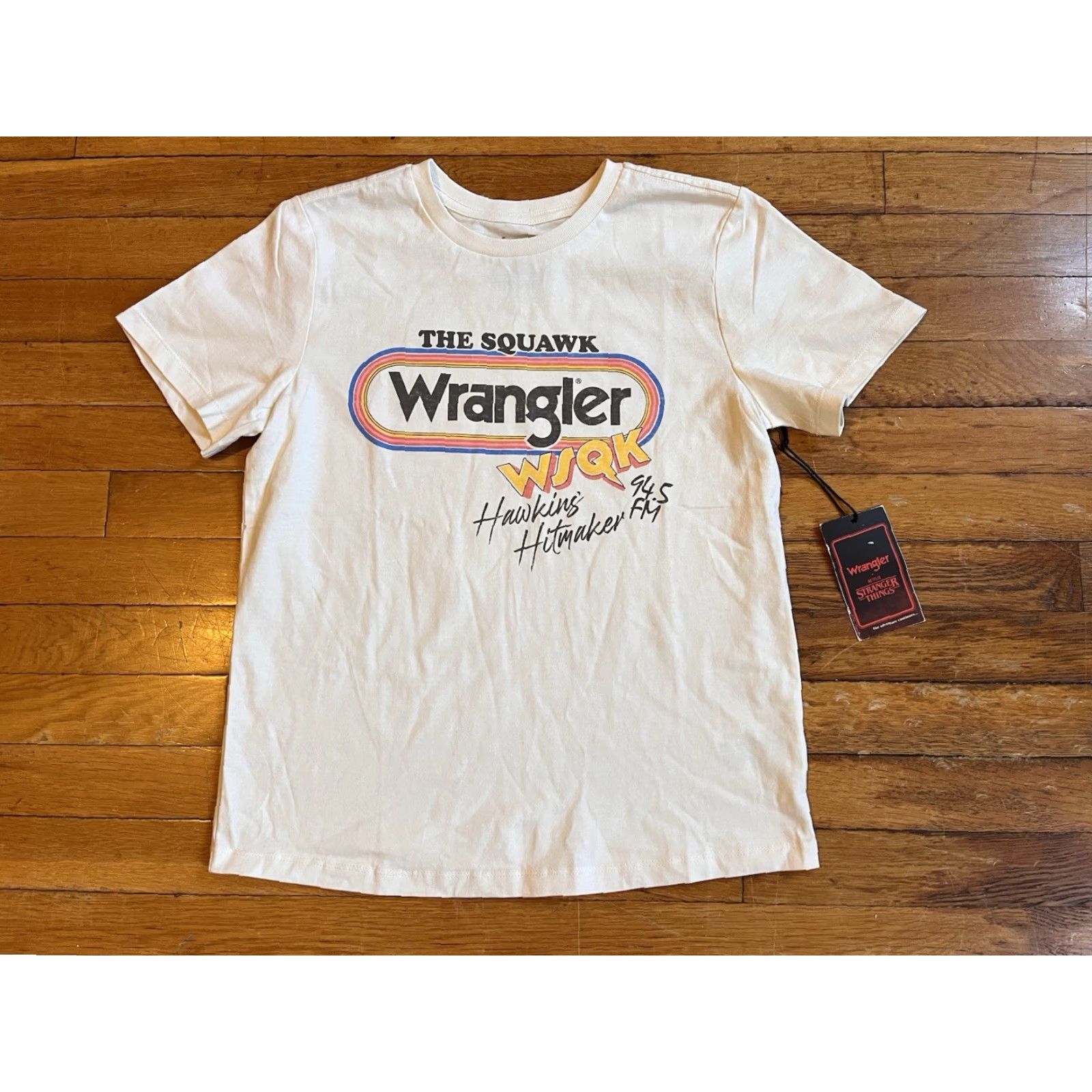 Wrangler Wrangler The Squawk Hawkins Radio Shirt White Women’s Small Short Sleeve Crew Neck Jersey Cotton 80s Horror Graphic T-Shirt Apparel Womens Size S / US 4 / IT 40 - 2 Thumbnail