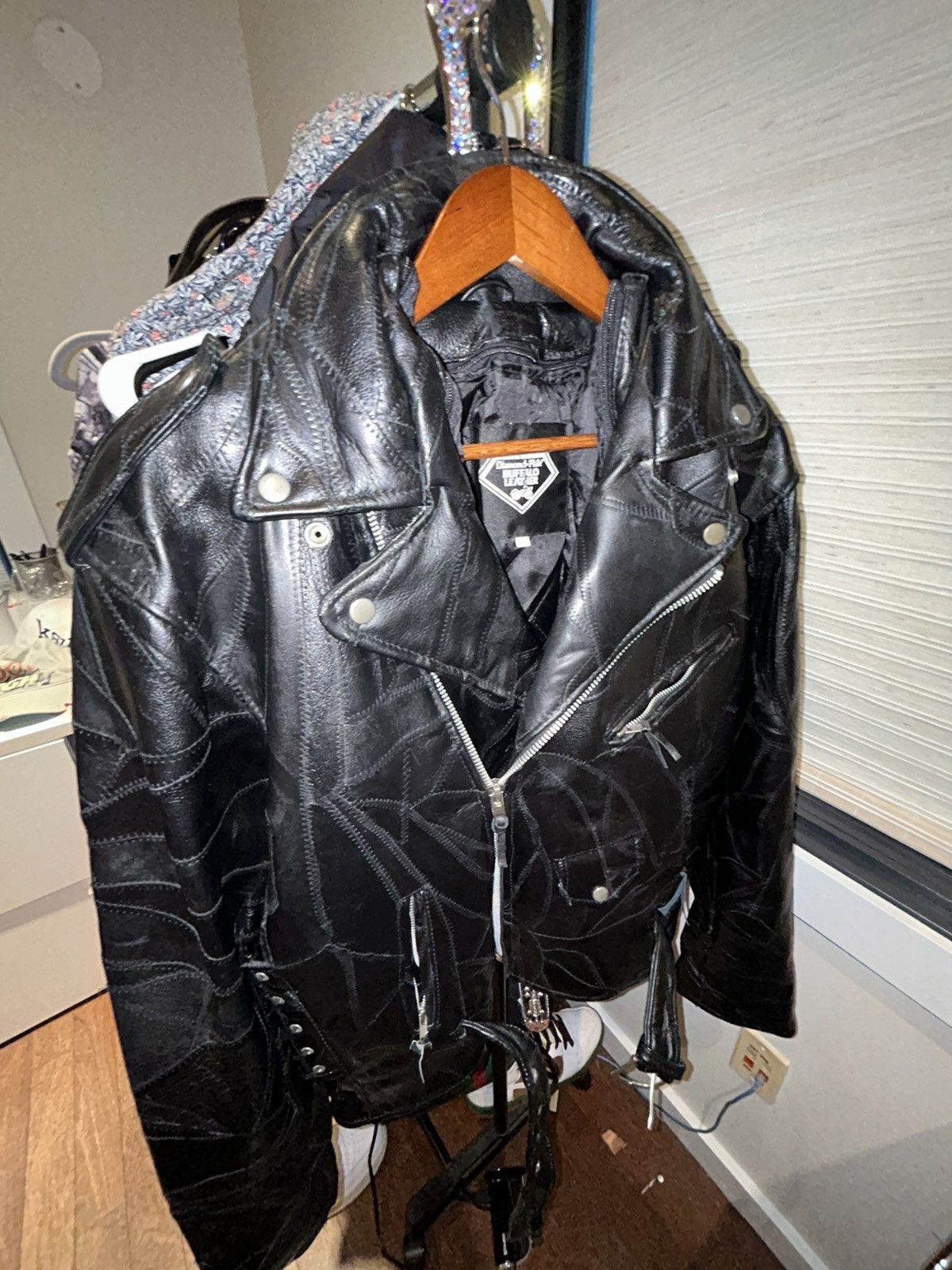 image of 14Th Addiction x Genuine Leather Diamond Plate Buffalo Patchwork Leather Motorcycle Jacket in Black