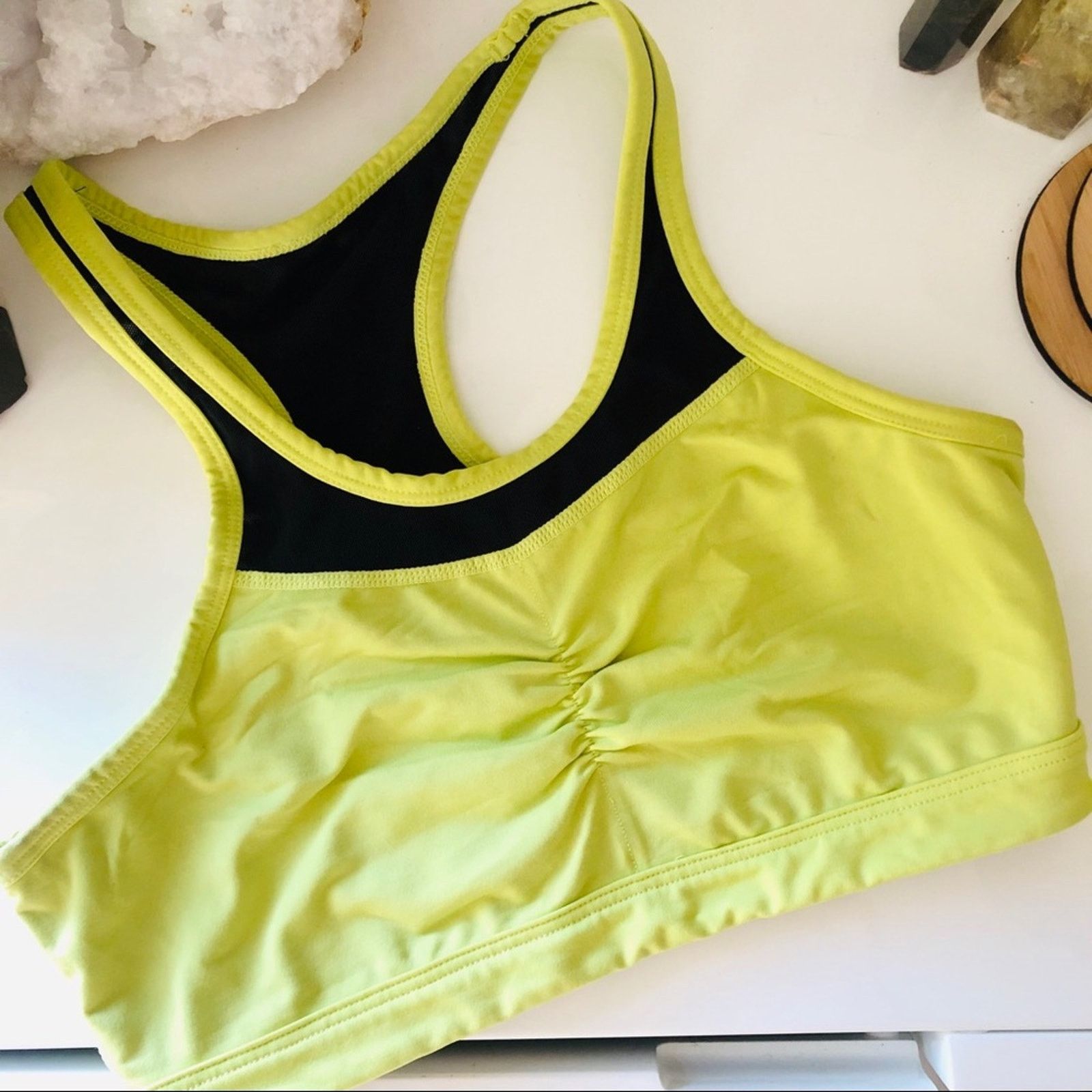 Free People PURE Yellow Black Mesh Inset Ruched Front Sports Bra Crop Size S / US 4 / IT 40 - 5 Thumbnail
