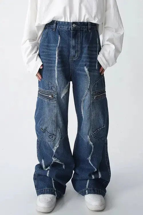 Japanese Brand × Vintage Baggy Ripped Jeans Frayed Zipper Pockets cargo Pants Hip-hop Size US 32 / EU 48 - 1 Thumbnail