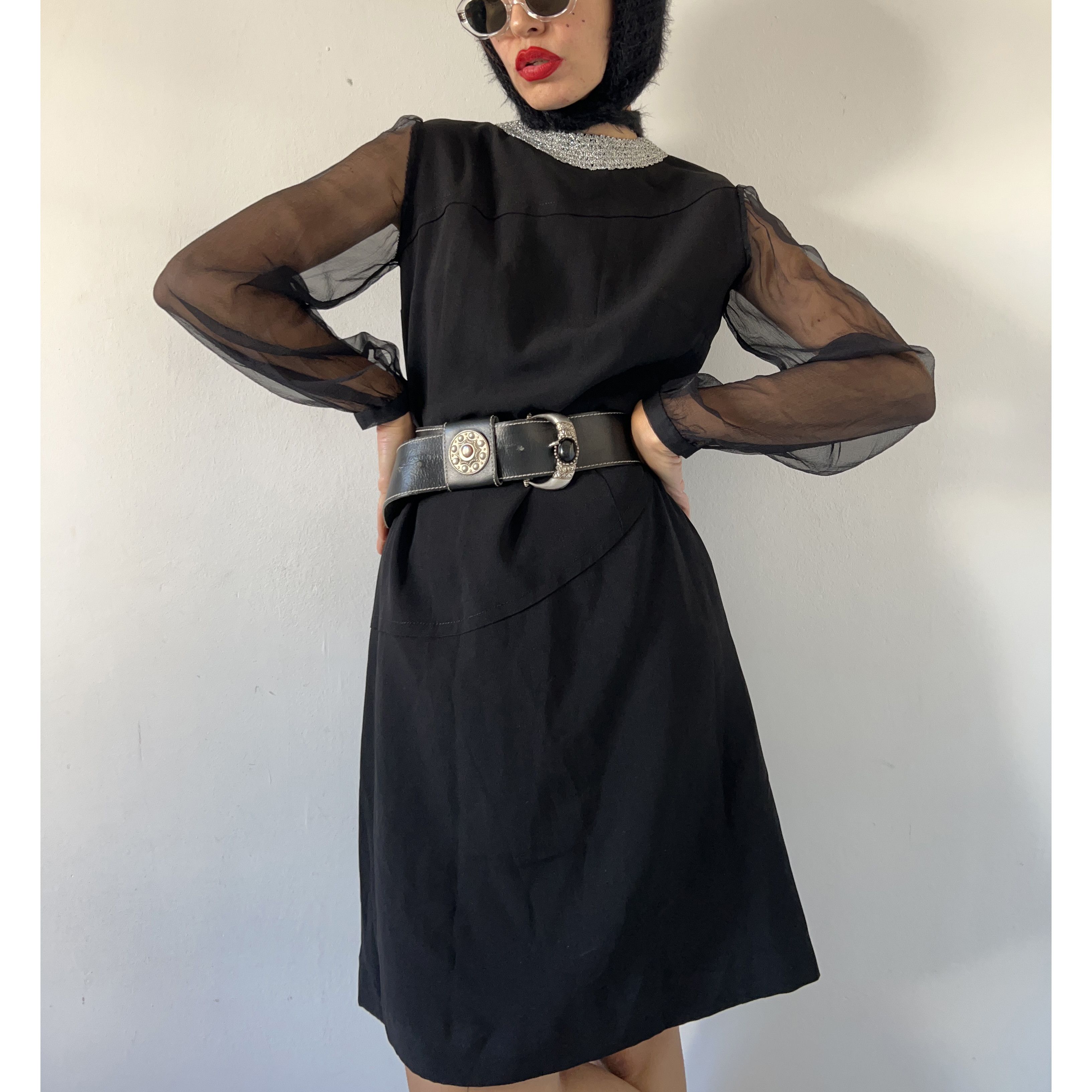 Vintage Vintage 70s Black Formal Midi Dress sheer sleeves Size S / US 4 / IT 40 - 1 Thumbnail