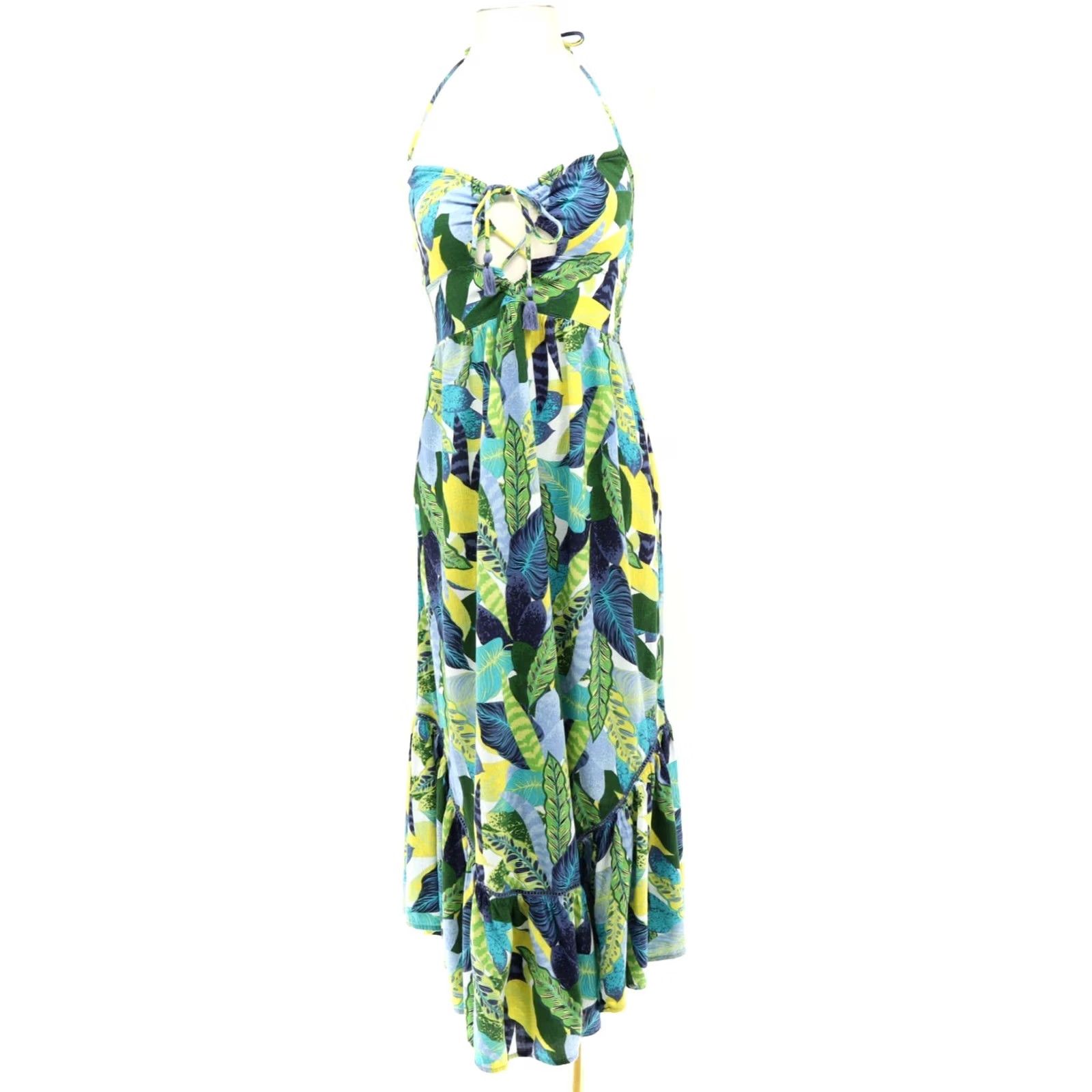 Vintage Aerie Maxi Dress Halter Cotton Viscose Floral Blue Green Yellow Sleeveless Strappy Neckline Halter Coastal Resort M Womens Tropical Theme Size M / US 6-8 / IT 42-44 - 2 Thumbnail