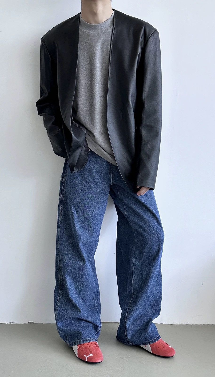 Japanese Brand × Vintage Retro cracked pu leather no collar collarless blazer jacket Size US L / EU 52-54 / 3 - 4 Thumbnail