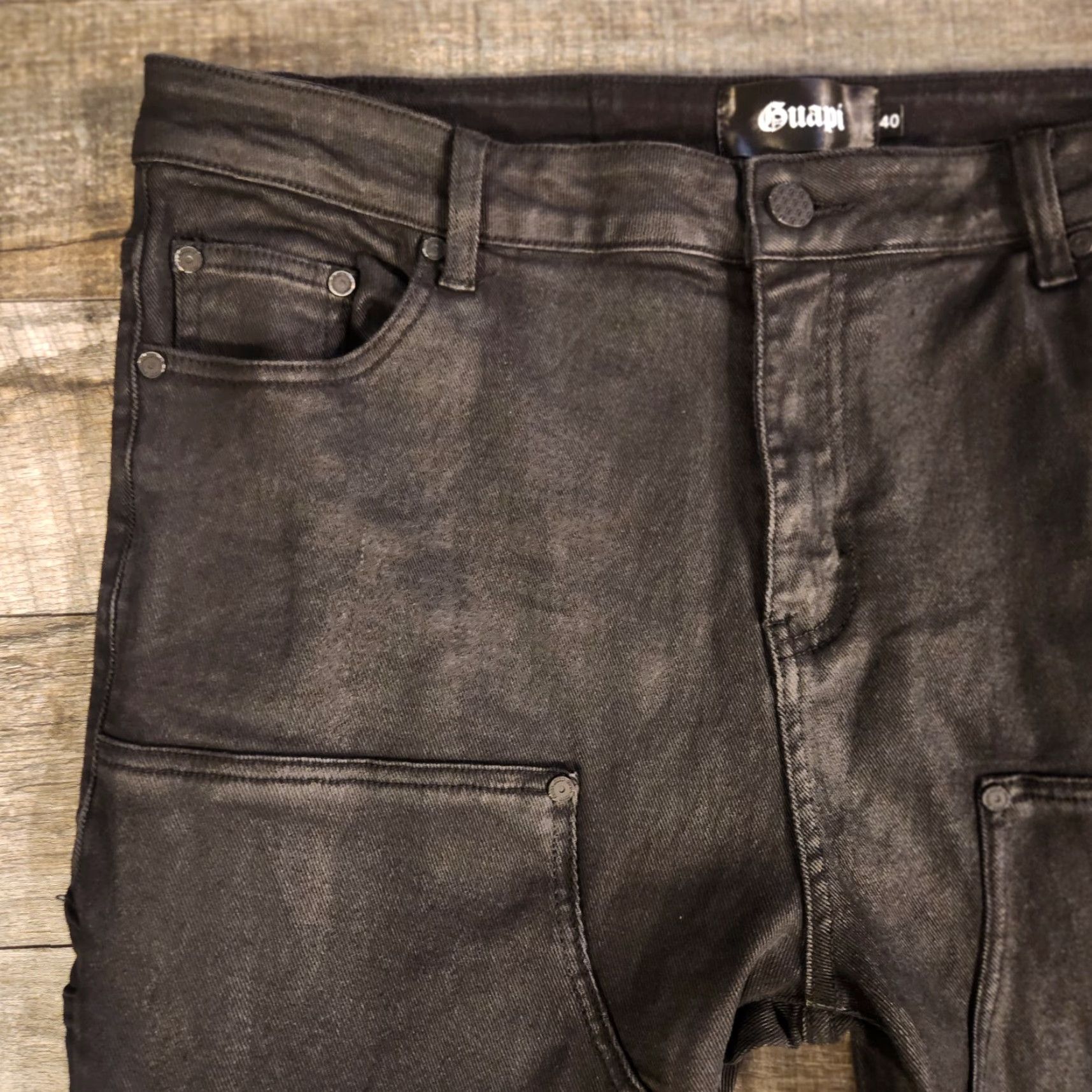 Vintage Guapi Jeans Mens 40x37 Stacked Waxed Black Carpenter Pockets Distressed Cargo Pocket Slim Regular Jeans 40 In Se 37 In Navy? Size US 40 / EU 56 - 7 Thumbnail