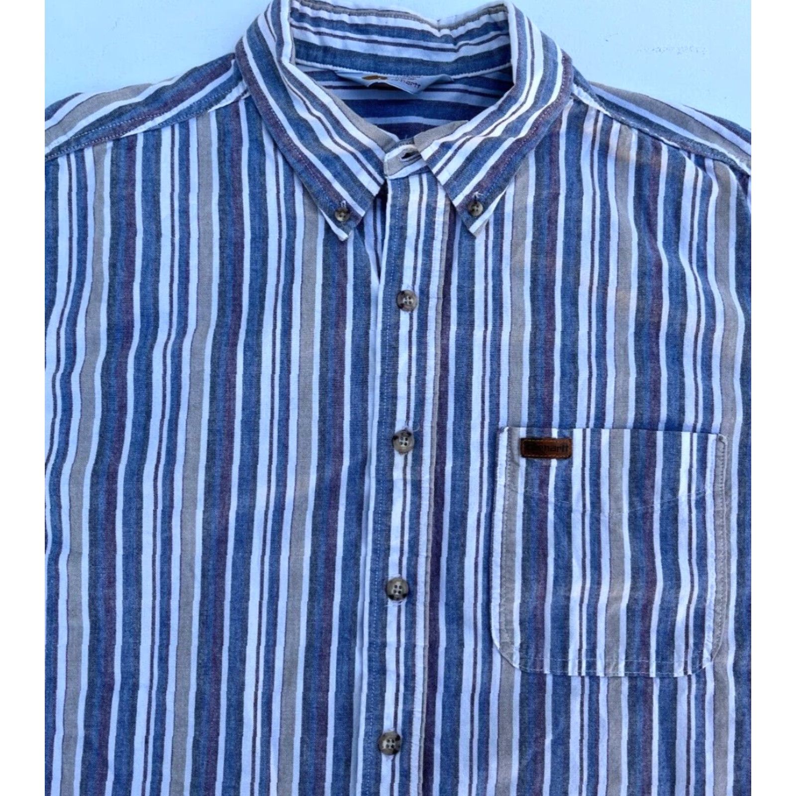 Carhartt VINTAGE Carhartt Short Sleeve Button-Down Shirt Striped XL Mens Blue Logo Pocket Casual Workwear Shirt Size US XL / EU 56 / 4 - 3 Thumbnail