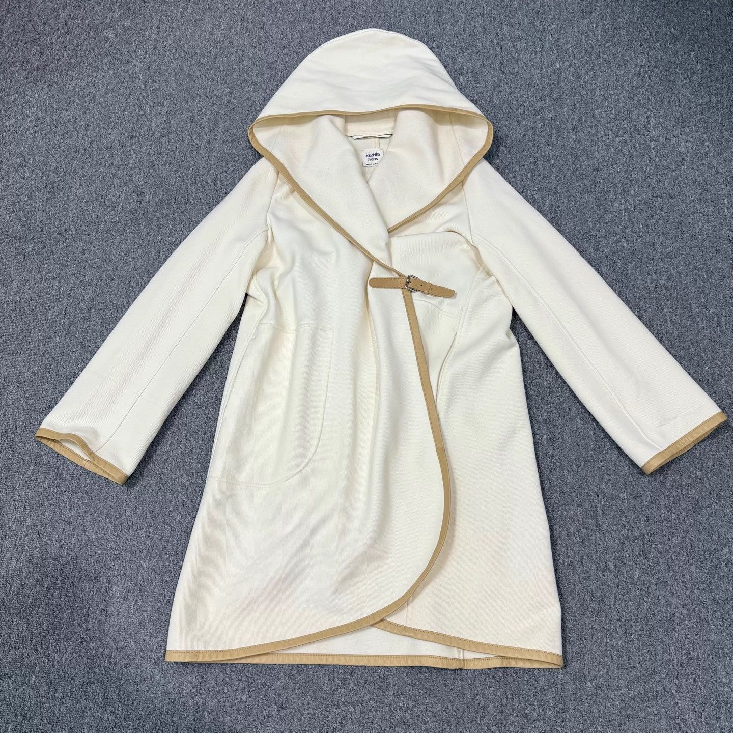 Hermes white colorblock leather wool overcoat 34 Unworn