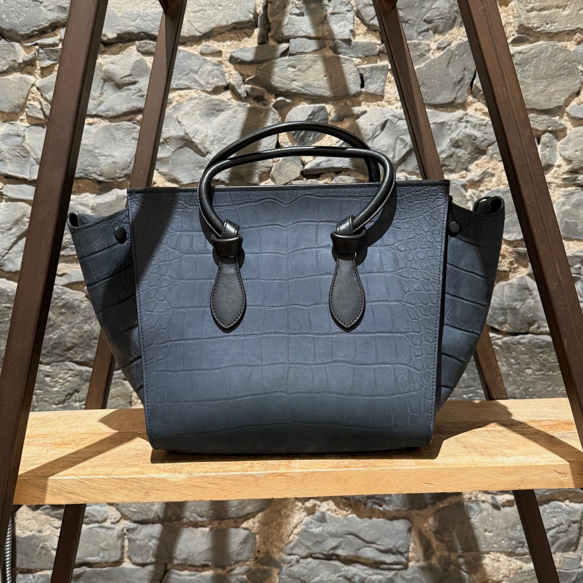 Celine Céline Midnight Blue Croc Embossed Small Tie Knot Tote Size ONE SIZE - 6 Thumbnail