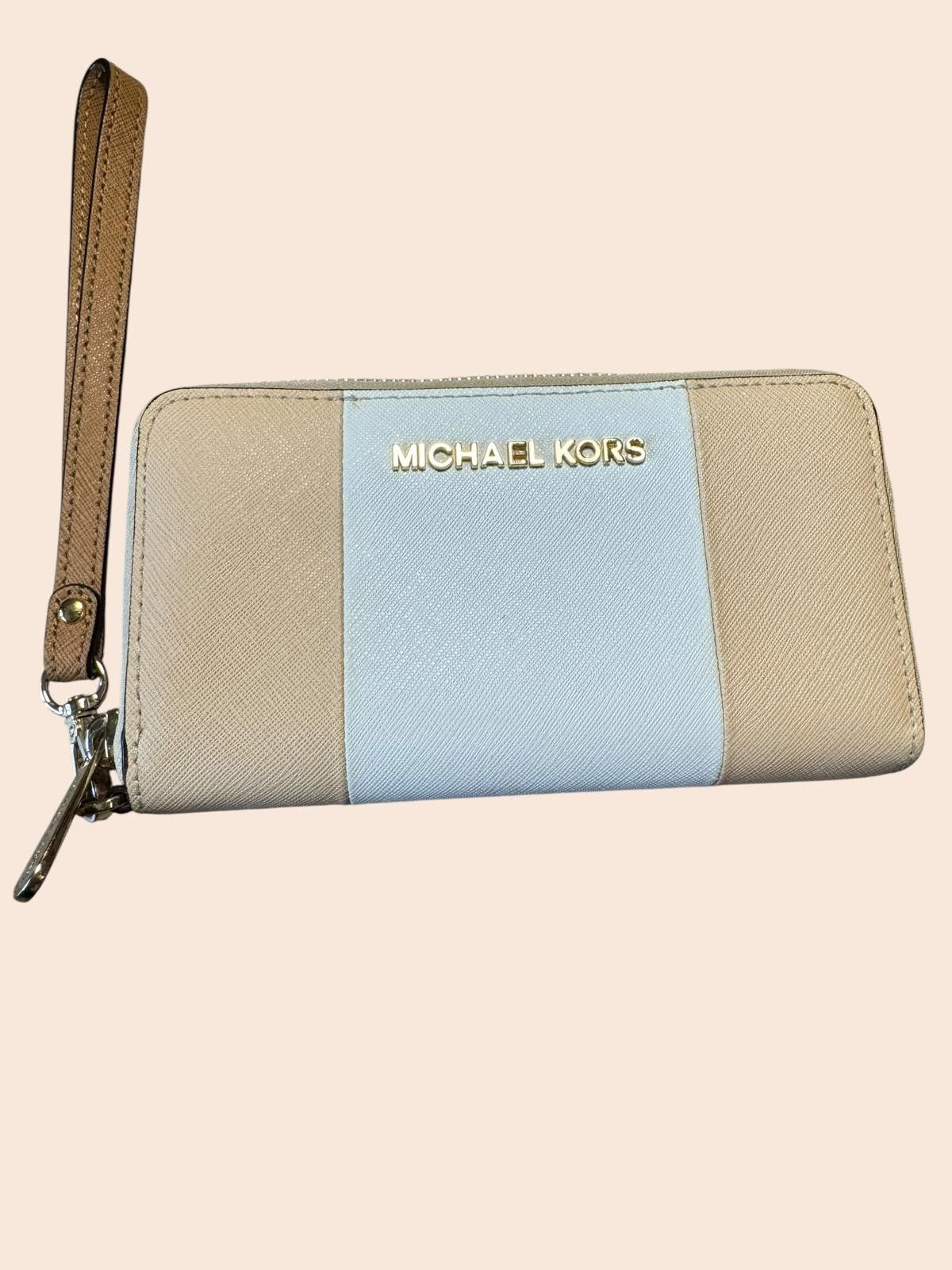 Michael Kors Wristlet Wallet in Beige and White