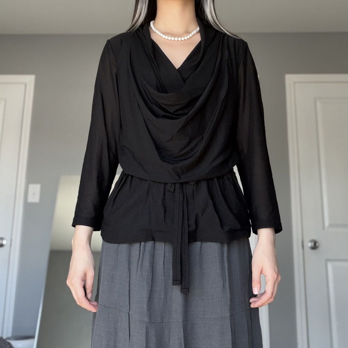 Other Vintage Juliette Black Draped Cowl Neck Blouse w/ Waist Tie Size M / US 6-8 / IT 42-44 - 13 Thumbnail