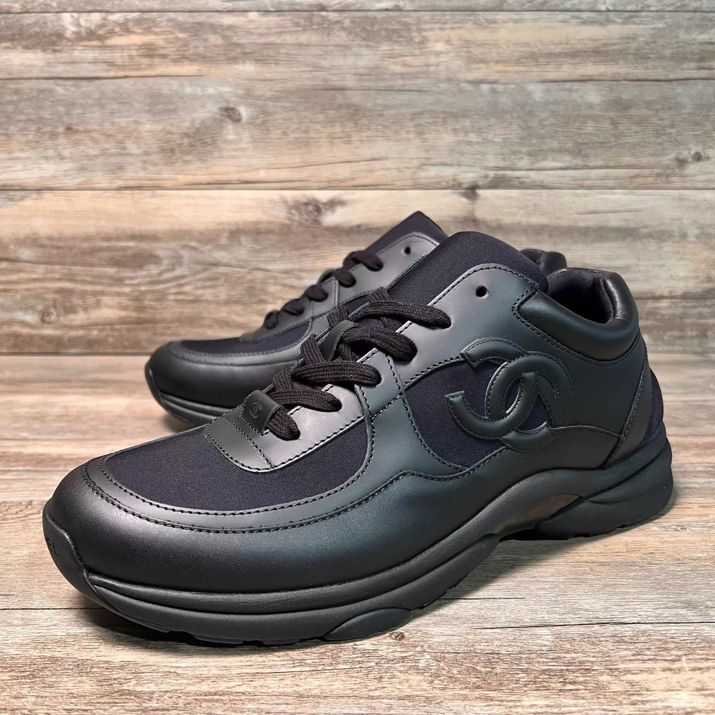 Chanel Men\'s Sneaker Suede CC Logo Navy Blue Green SZ 43 Chanel Mens Navy Blue Suede CC Logo High Top Sneakers Shoes  main image 4