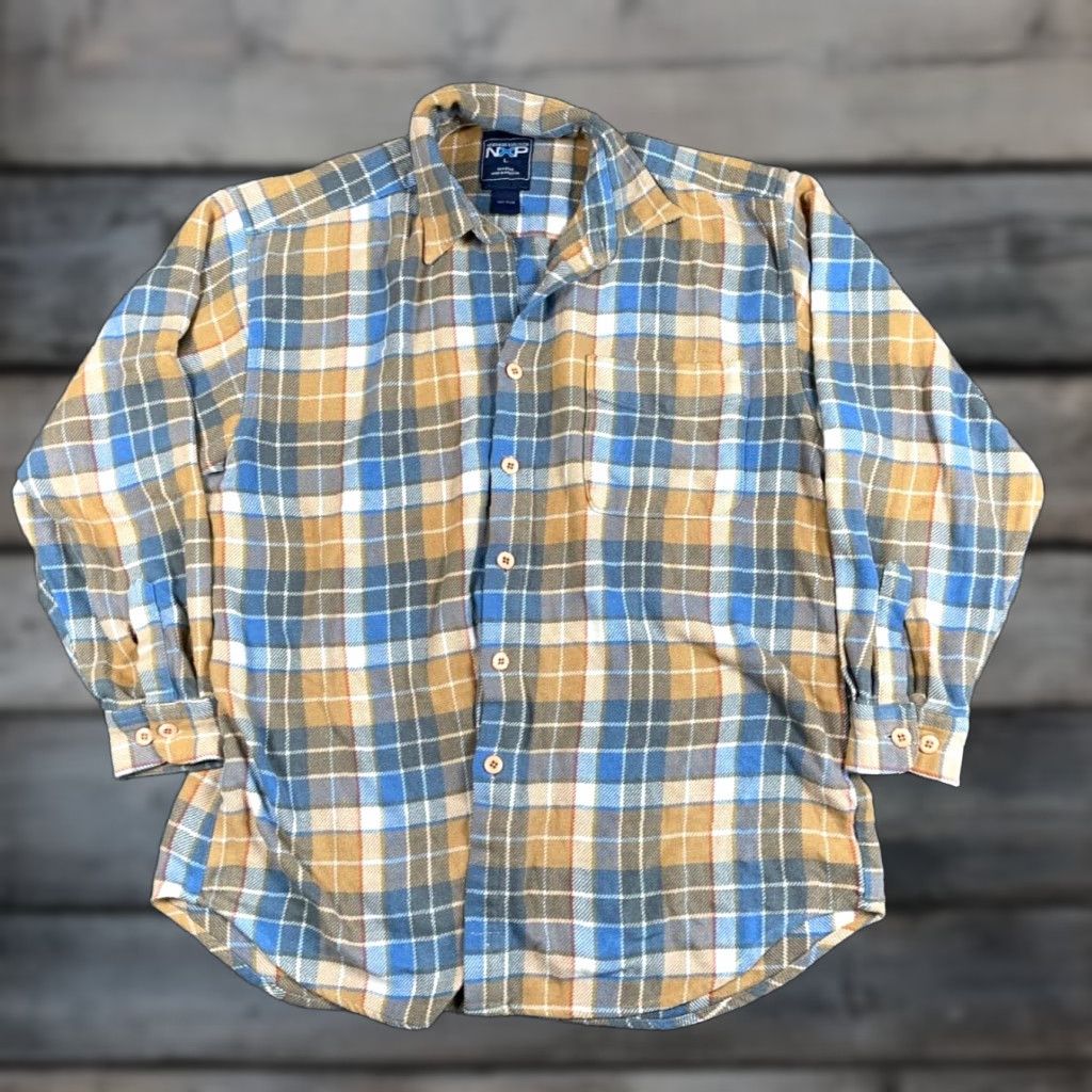 Vintage VINTAGE Northern Explosion Flannel Shirt Casual Workwear Plaid Beige Blue Button-Up Long Sleeve 80s Grunge Men Large - Shirt Size US L / EU 52-54 / 3 - 1 Thumbnail