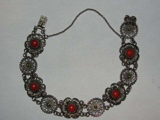 Designer Sterling Filigree and Cabochon Blood Red Coral Bracelet Size ONE SIZE - 1 Thumbnail
