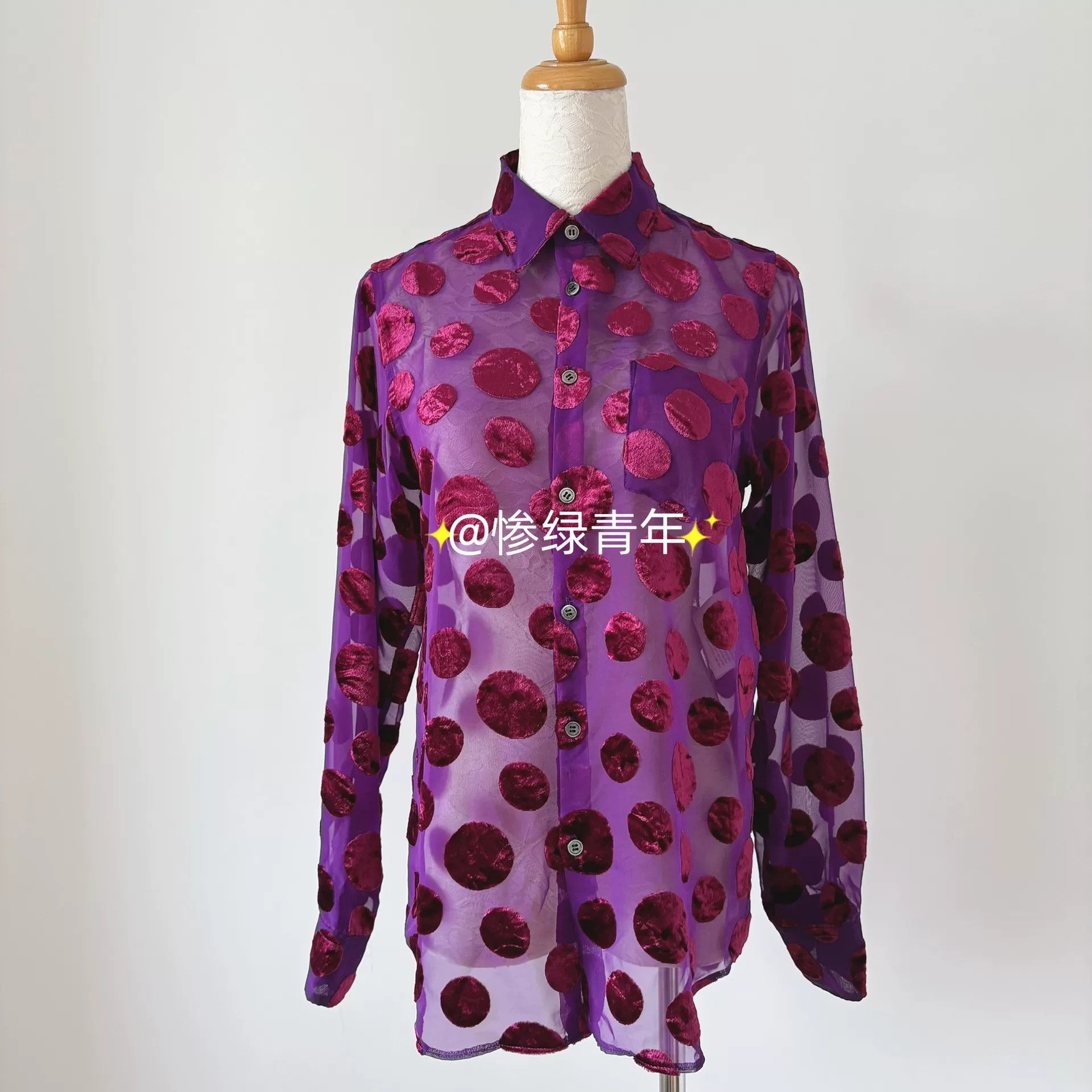 Junya Watanabe vintage purple velvet dotted sheer long sleeve shirt Size US S / EU 44-46 / 1 - 1 Thumbnail