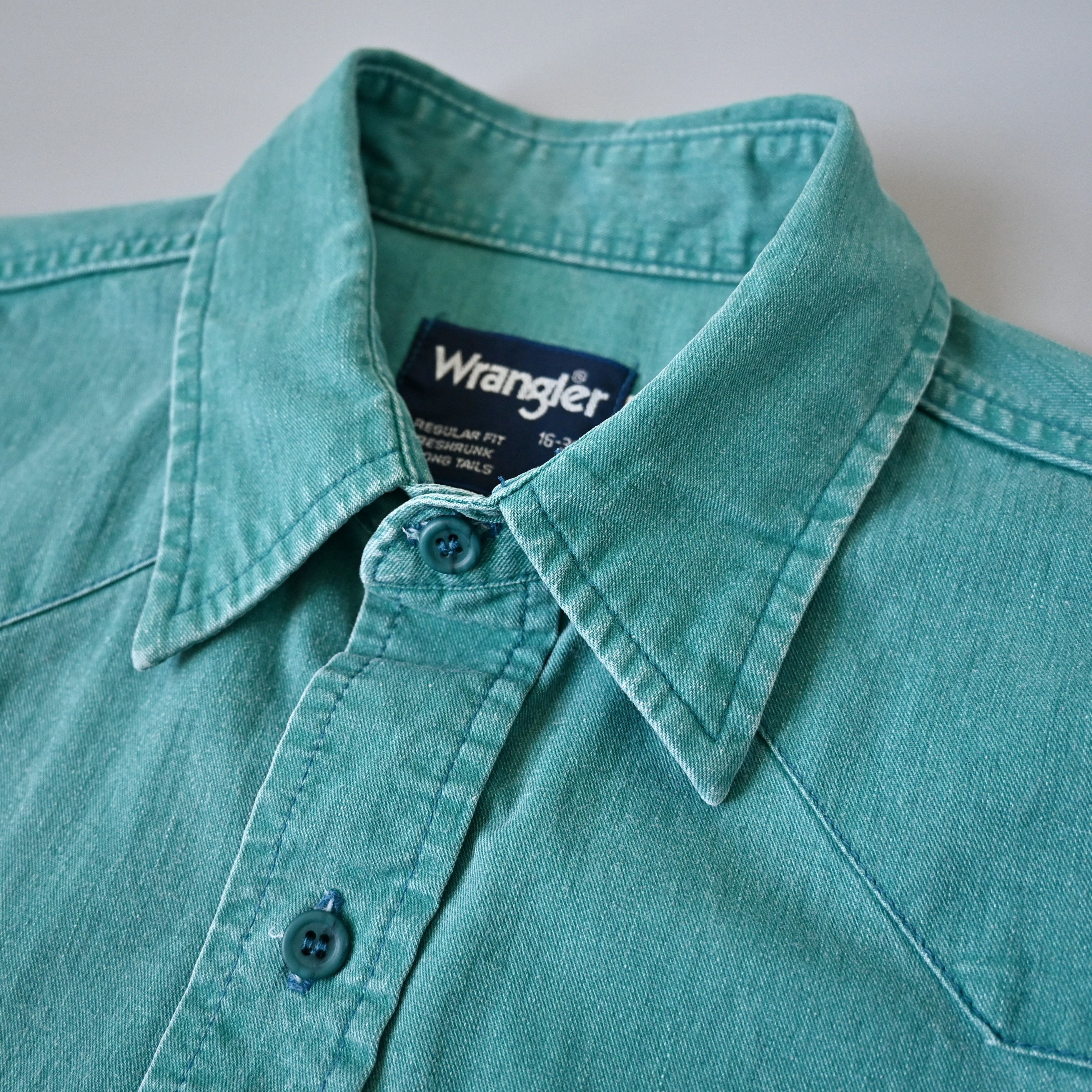 Vintage VTG 90s Wrangler brushpopper shirt solid emerald 16 - 35 Size US L / EU 52-54 / 3 - 5 Thumbnail