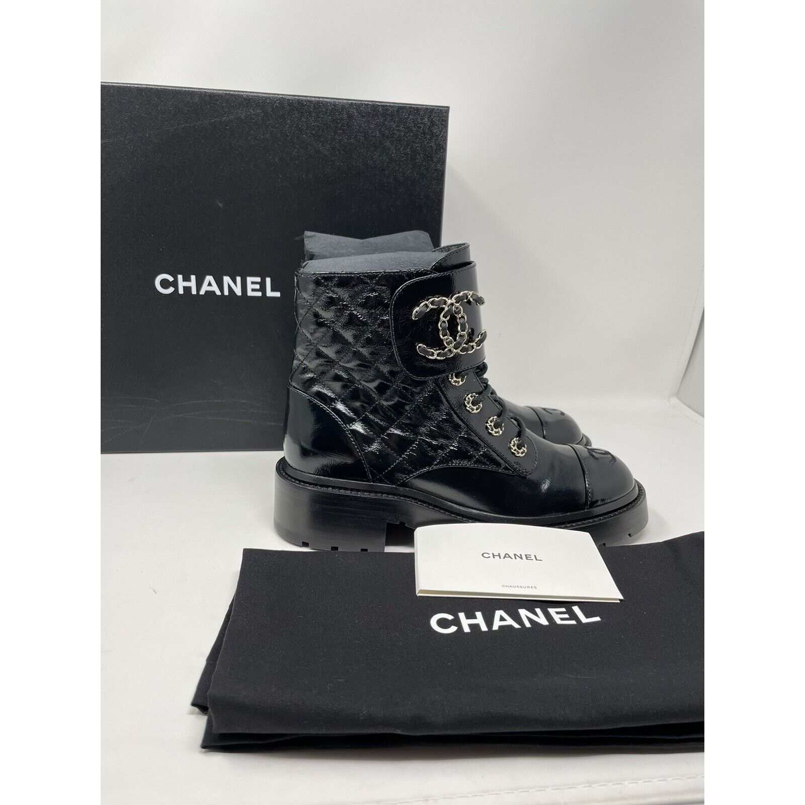 Chanel Chanel Brave Leather Quilted Combat Boots Patent Black 37.5 Size US 7.5 / IT 37.5 - 4 Thumbnail