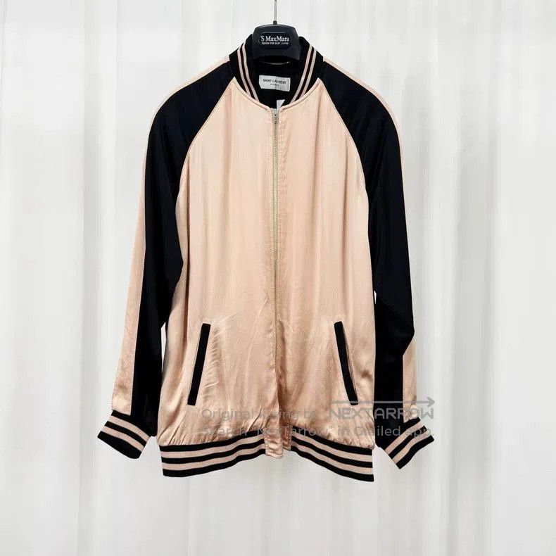 Saint Laurent Black Pink Silk Bomber Jacket.
