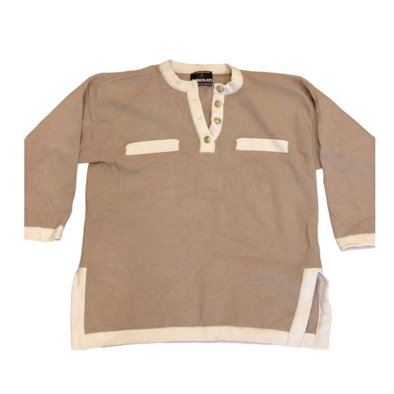 Vintage Wool Sweater Henley Vneck Tan Cream L