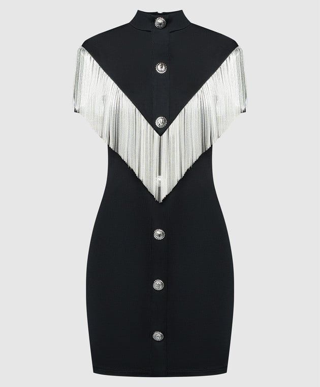 Balmain o1s1wg110825 Fringe Trim Mini Dress in Black Size L / US 10 / IT 46 - 1 Thumbnail